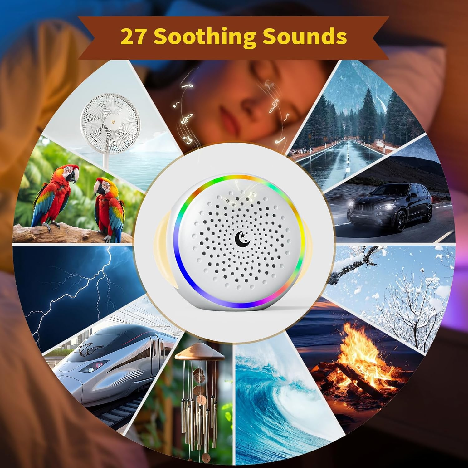 Machine à bruit blanc avec petit haut-parleur, Machine à bruit apaisant portative, 27 sons apaisants et veilleuse, Appareil apaisant pour le sommeil
