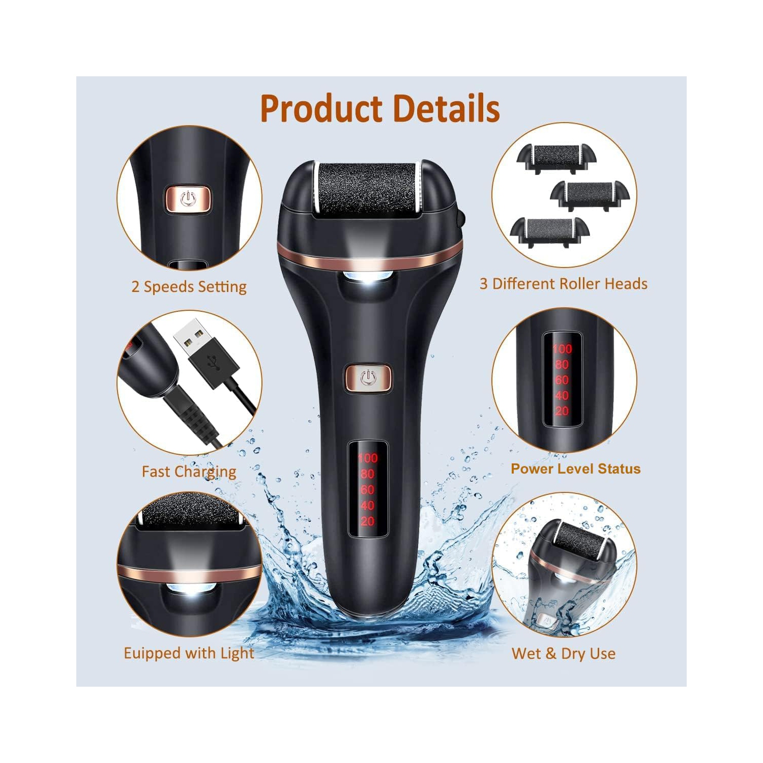 Outil de retrait électrique pour les pieds, lime sans fil pour les pieds, trousse de pédicure étanche pour les talons fissurés et le retrait de la