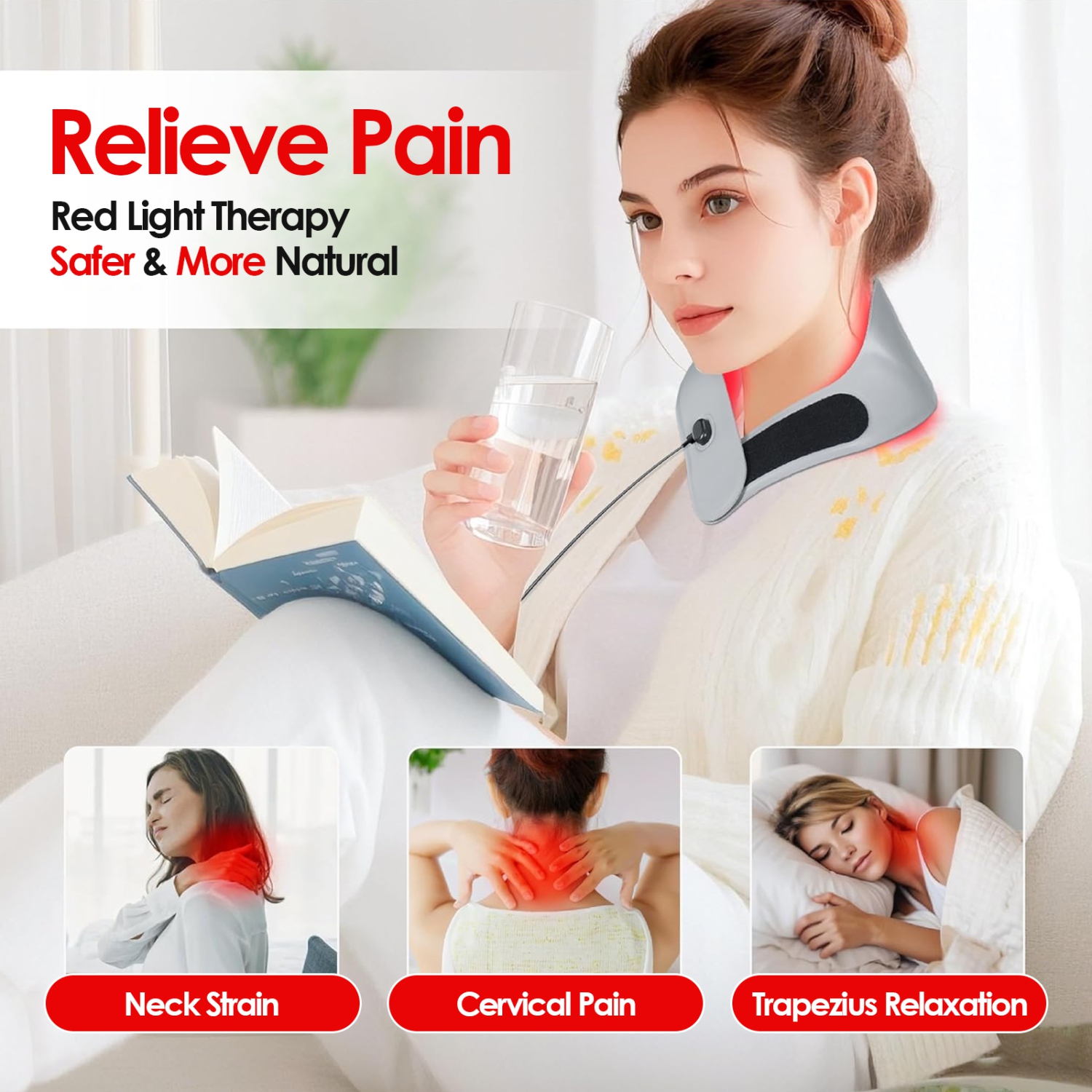 USB Rechargeable Neck Red Light Therapy Belt with 660nm Red Light and 850nm Infrared Light, Mini and Portable, for Pain Relief