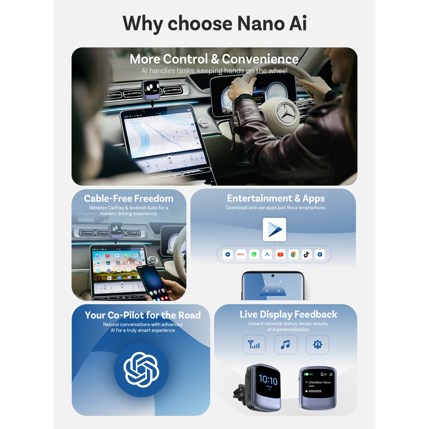 Écran intelligent AI pour l'auto | Sans fil CarPlay et Android Auto | Écran d'interaction vocale IA de 1,83&nbsp;po | Bluetooth 5,1 + Wi-Fi bibande |