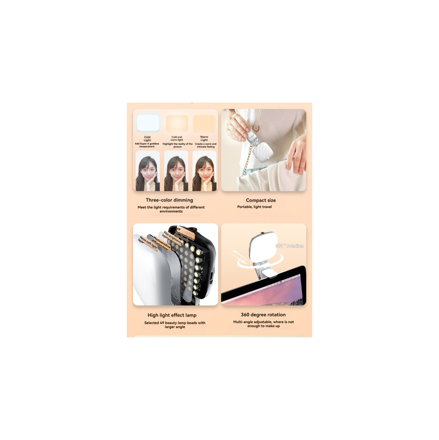 49-LED Beauty Fill Light | Portable Mini Desktop Photography Light for Phones, Cameras, Live Streaming, and Tablets - White [Clip-On or Hang-On]