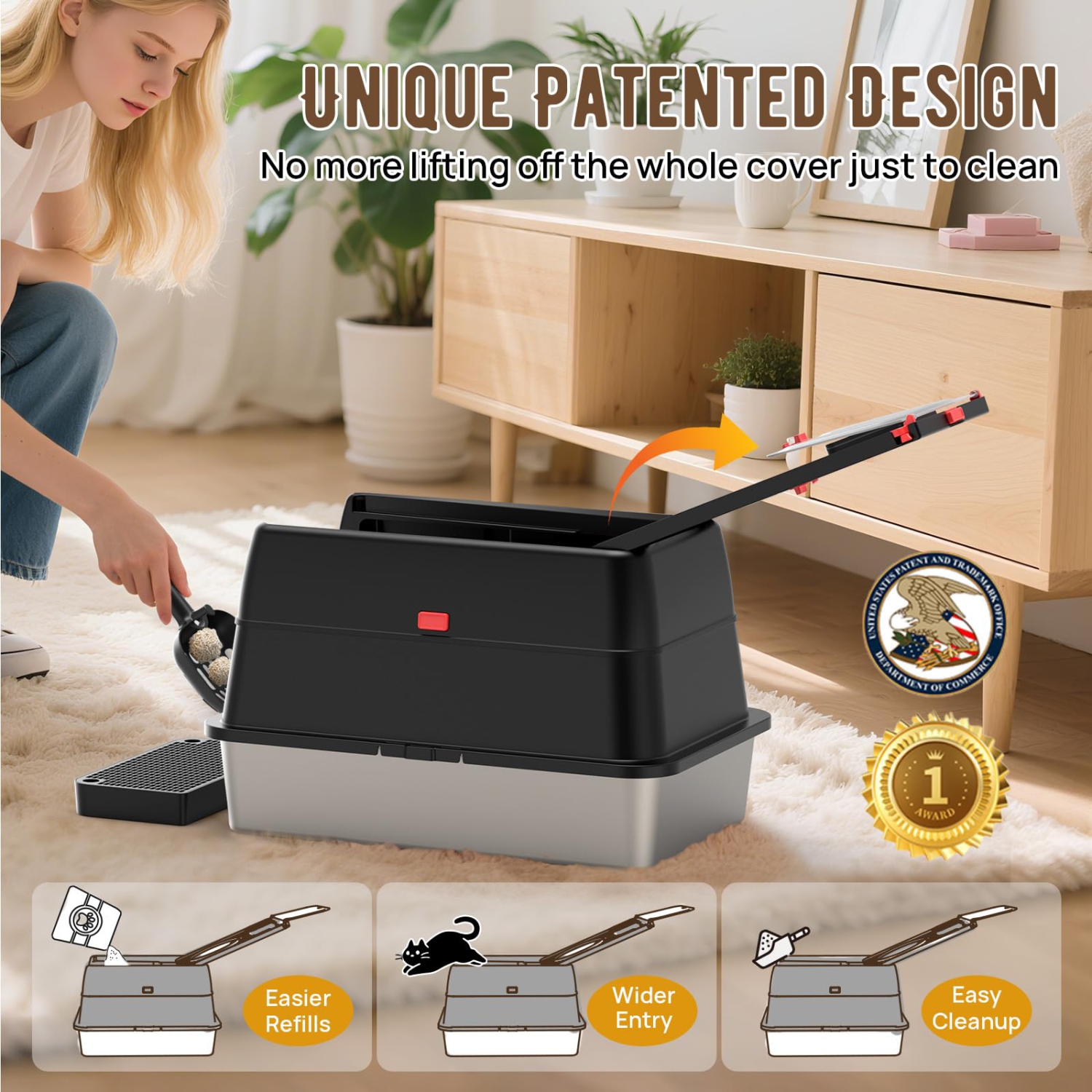 Bac à litière en acier inoxydable : Boîtes à litière avec couvercle – Noir