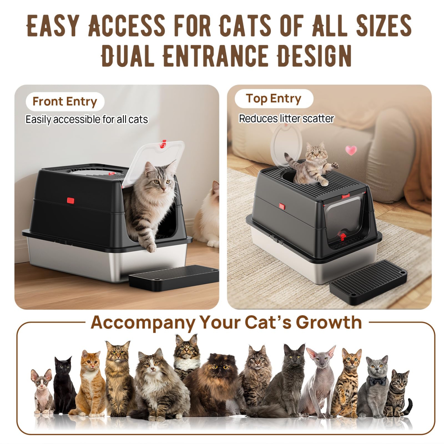 Bac à litière en acier inoxydable : Boîtes à litière avec couvercle – Noir