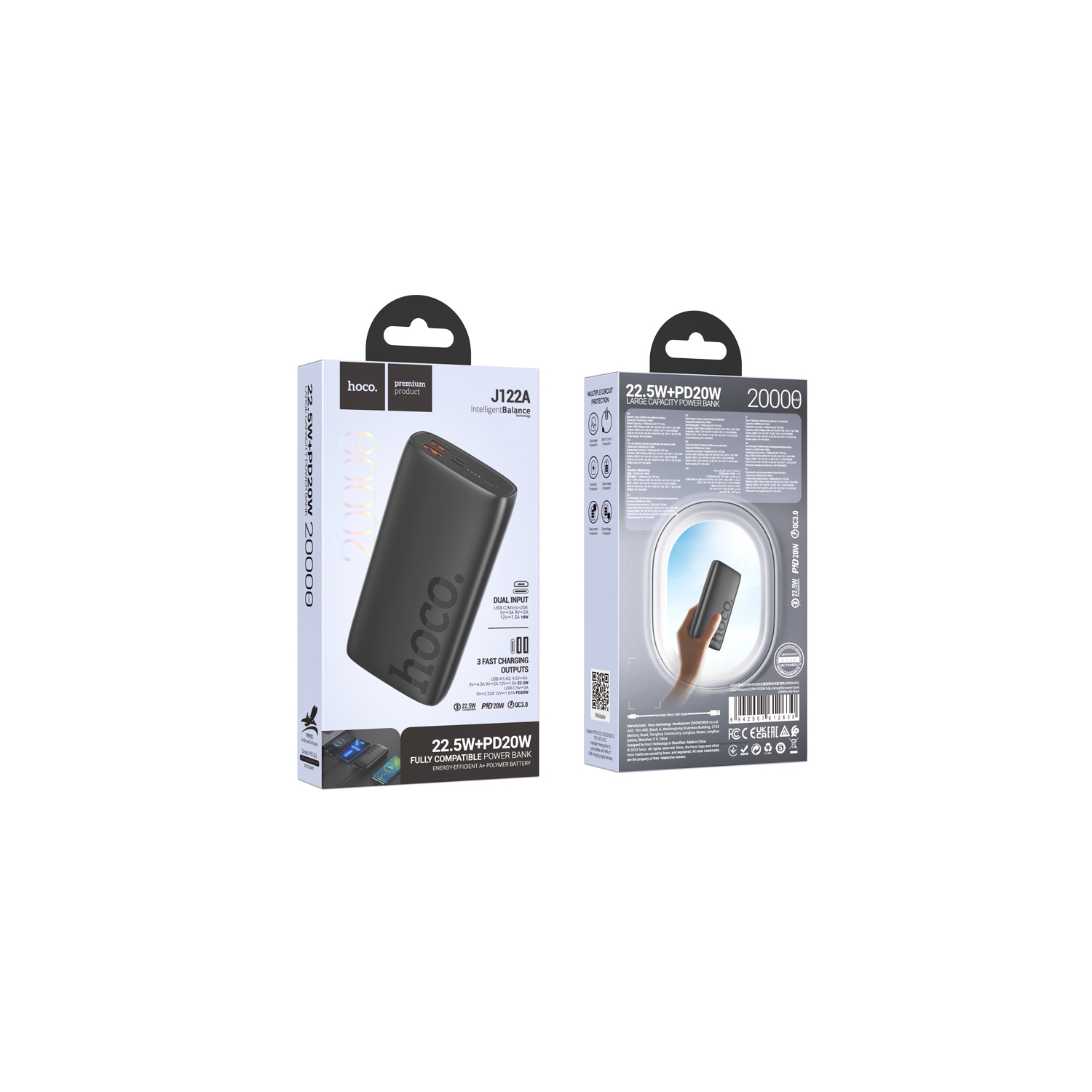 Chargeur portable entièrement compatible Respect 22,5&nbsp;W+20&nbsp;W de HOCO 122&nbsp;A - Noir