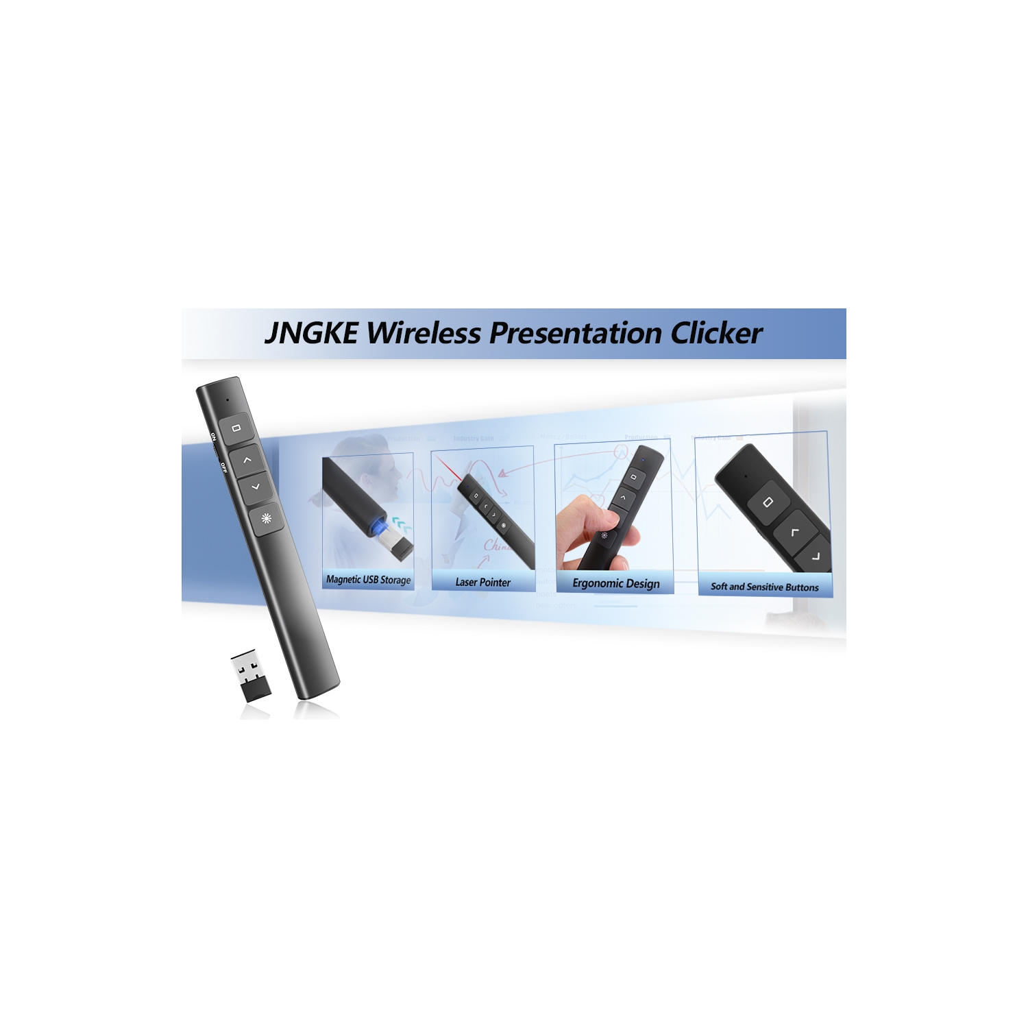 Wireless Presentation Clicker, 50M Range with Hyperlink & Volume Control for PowerPoint Slideshow