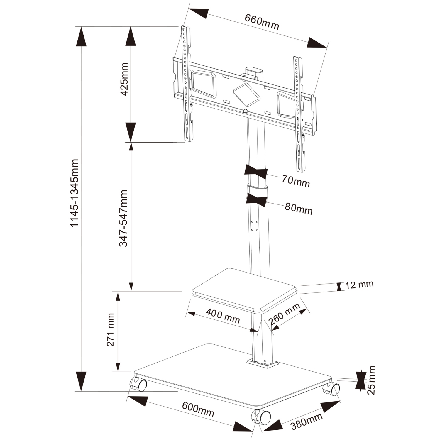 Boost Industries UC3770 Universal Mobile Height Adjustable TV Cart for 32″ to 70″ TVs