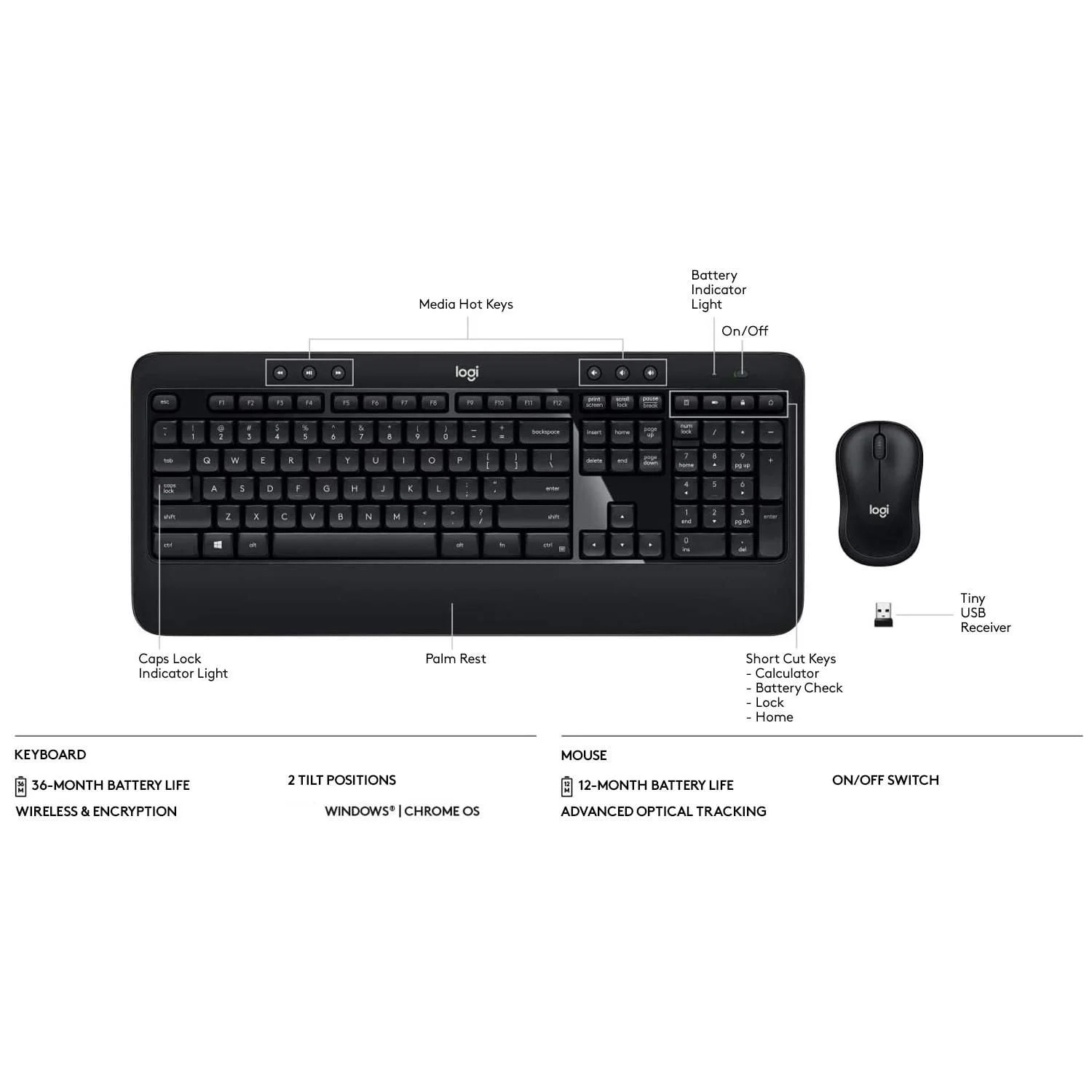 Refurbished Logitech MK540 Complete Wireless Combo 2 - K540e Advanced Wireless Keyboard & M220 Mouse + USB Nano Receiver - PC / MAC - Black