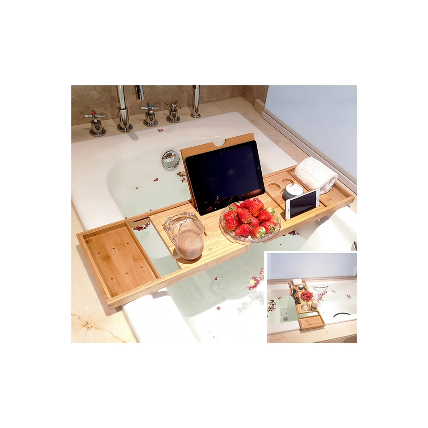 Bathtub Caddy Tray Bamboo Spa Bathtub Caddy Organizer Tablets Holder Book WinesReading Rack Nonslip Bottom Extendable Sides