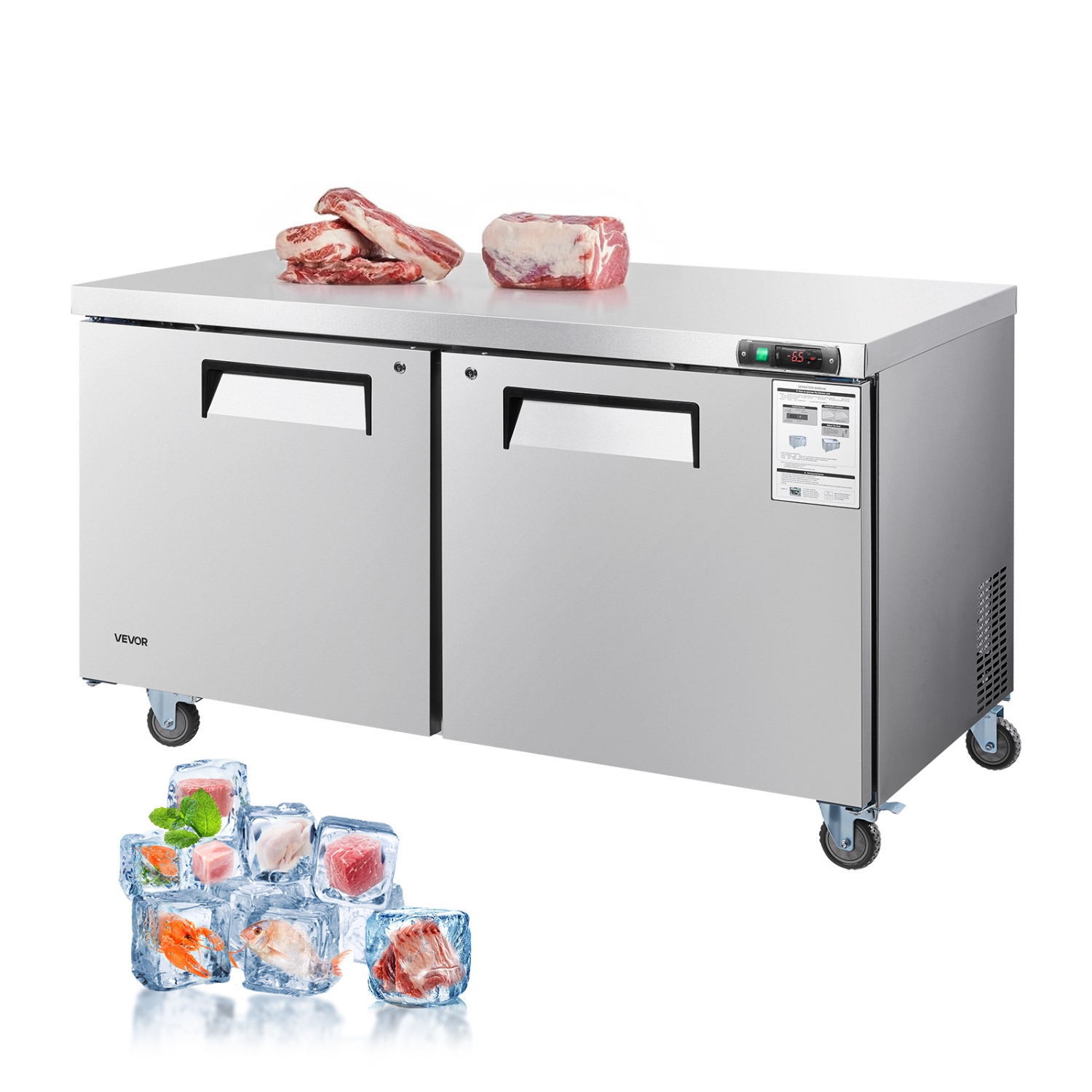 VEVOR 60" W Commercial Freezer, 14.8 Cu.Ft Worktop Freezers Undercounter with LED Auto Lighting and Lockable Door, 2 Doors Food Prep Worktable,