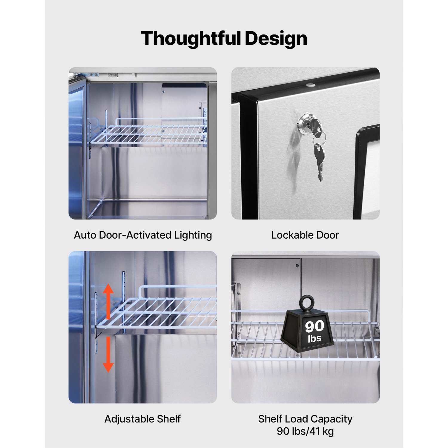 VEVOR 60" W Commercial Freezer, 14.8 Cu.Ft Worktop Freezers Undercounter with LED Auto Lighting and Lockable Door, 2 Doors Food Prep Worktable,