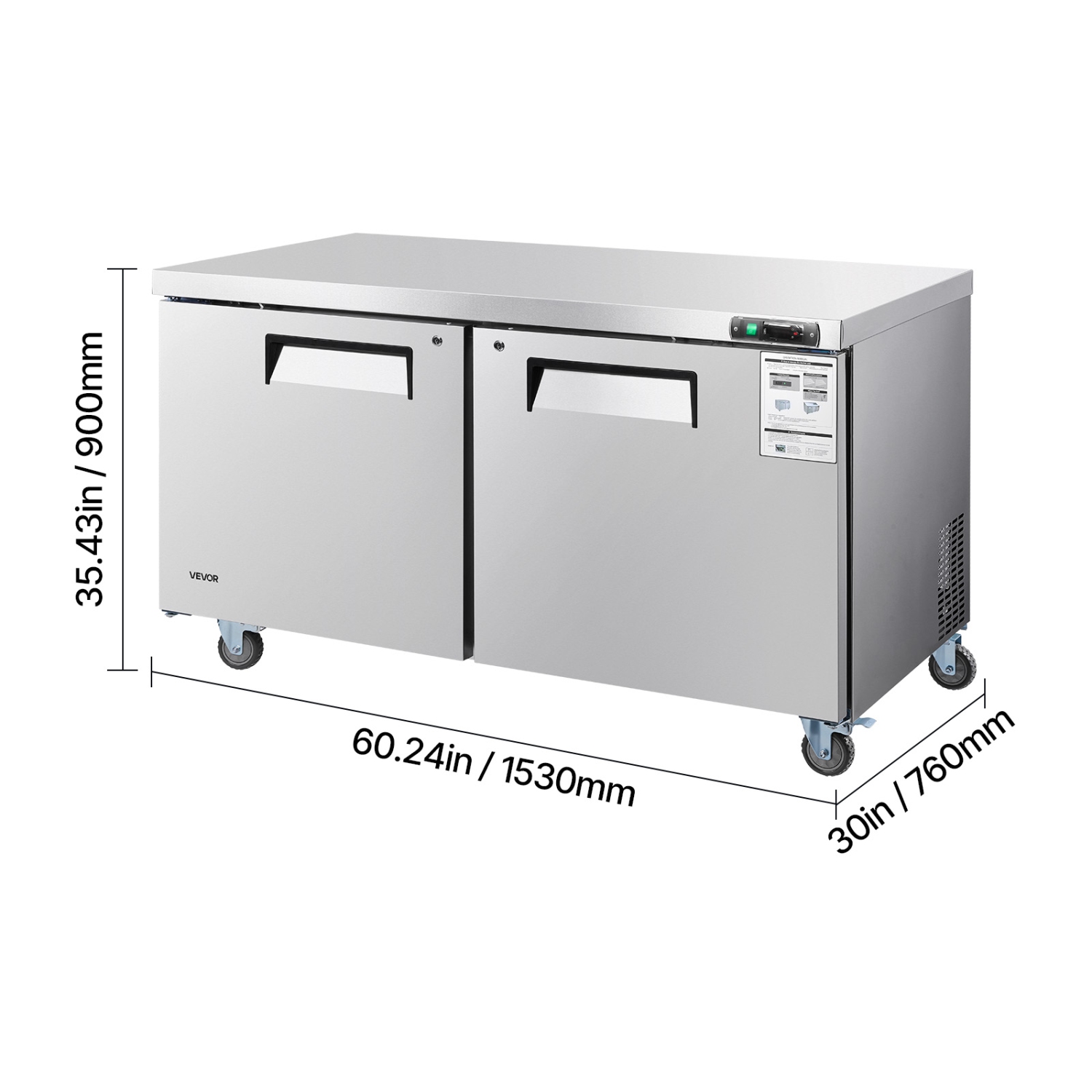 VEVOR 60" W Commercial Freezer, 14.8 Cu.Ft Worktop Freezers Undercounter with LED Auto Lighting and Lockable Door, 2 Doors Food Prep Worktable,