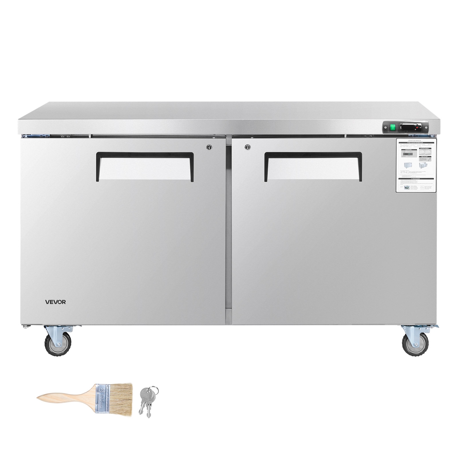VEVOR 60" W Commercial Freezer, 14.8 Cu.Ft Worktop Freezers Undercounter with LED Auto Lighting and Lockable Door, 2 Doors Food Prep Worktable,