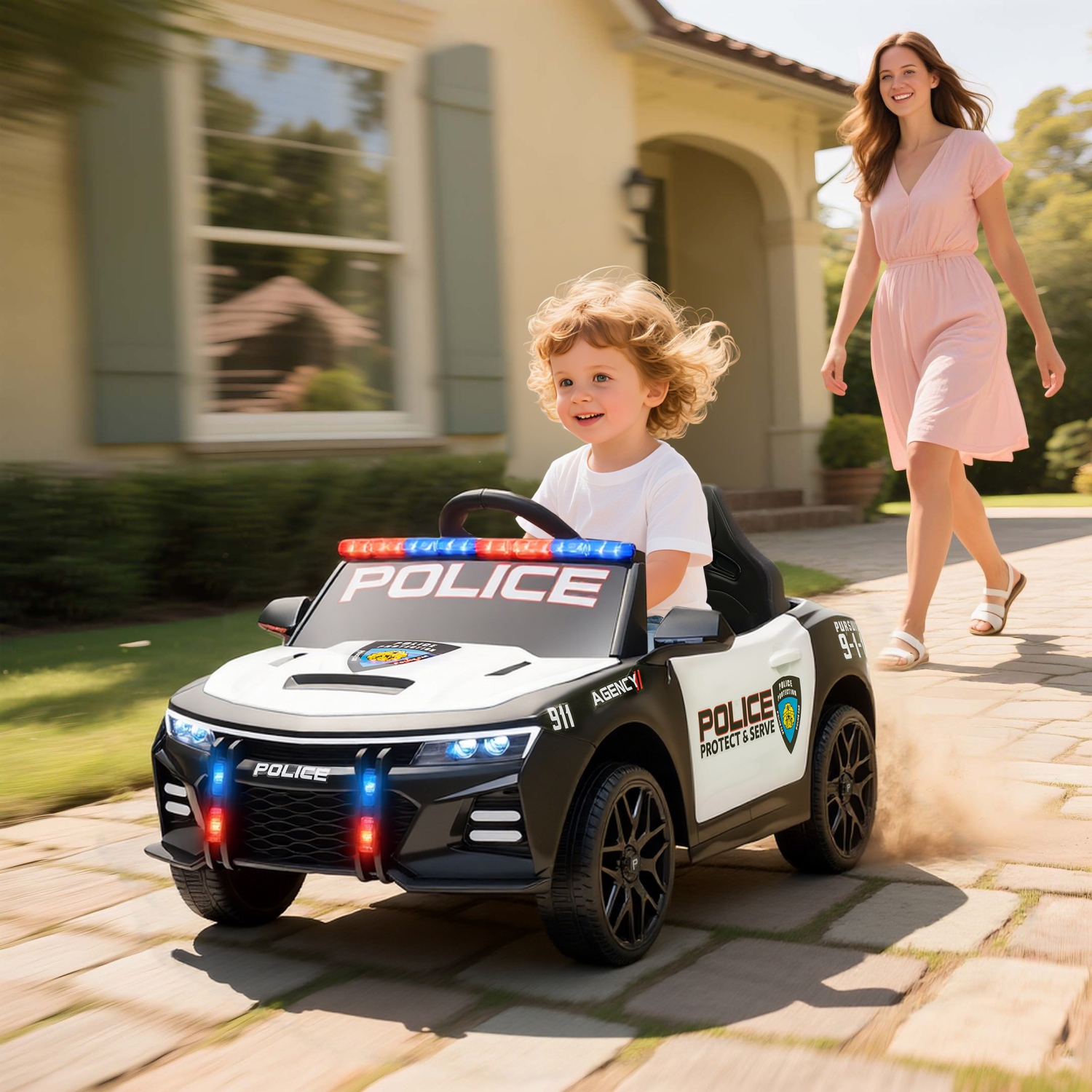 Qaba Kids Electric Ride on Police Car, 12V Battery Powered Electric Car for Kids with Remote Control, Sirens, Flashing Lights, Music, Horn, Shock
