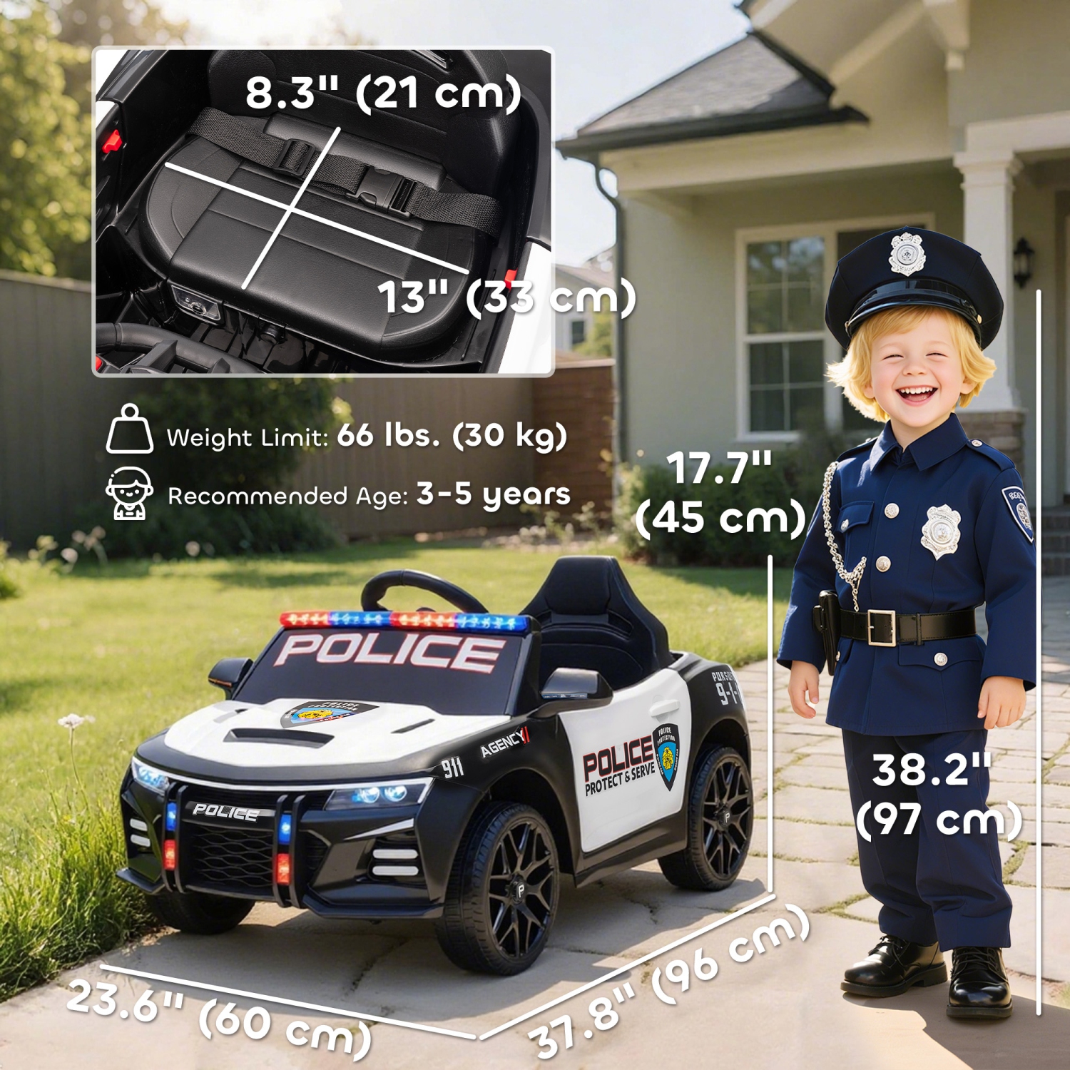 Qaba Kids Electric Ride on Police Car, 12V Battery Powered Electric Car for Kids with Remote Control, Sirens, Flashing Lights, Music, Horn, Shock