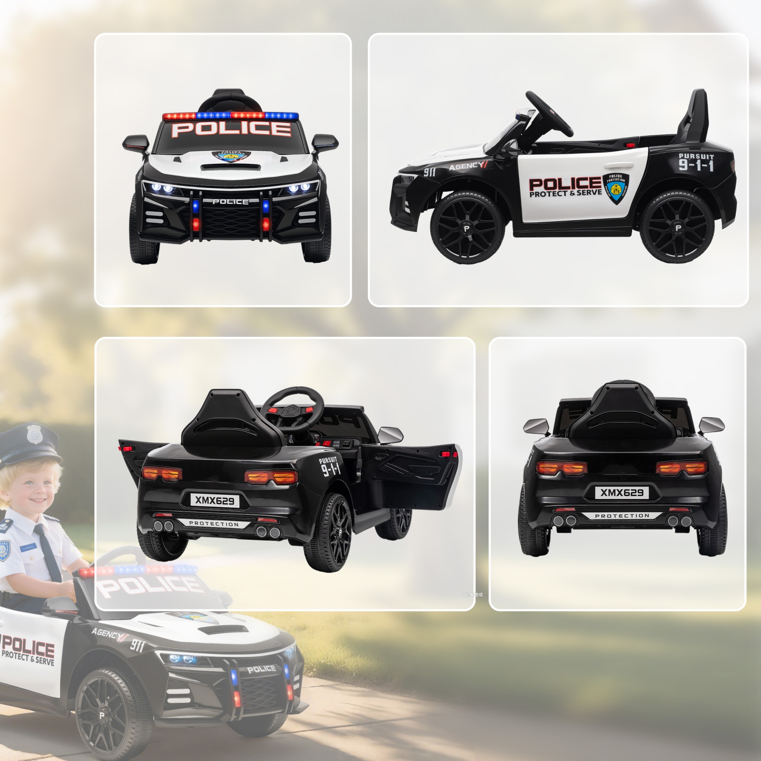 Qaba Kids Electric Ride on Police Car, 12V Battery Powered Electric Car for Kids with Remote Control, Sirens, Flashing Lights, Music, Horn, Shock