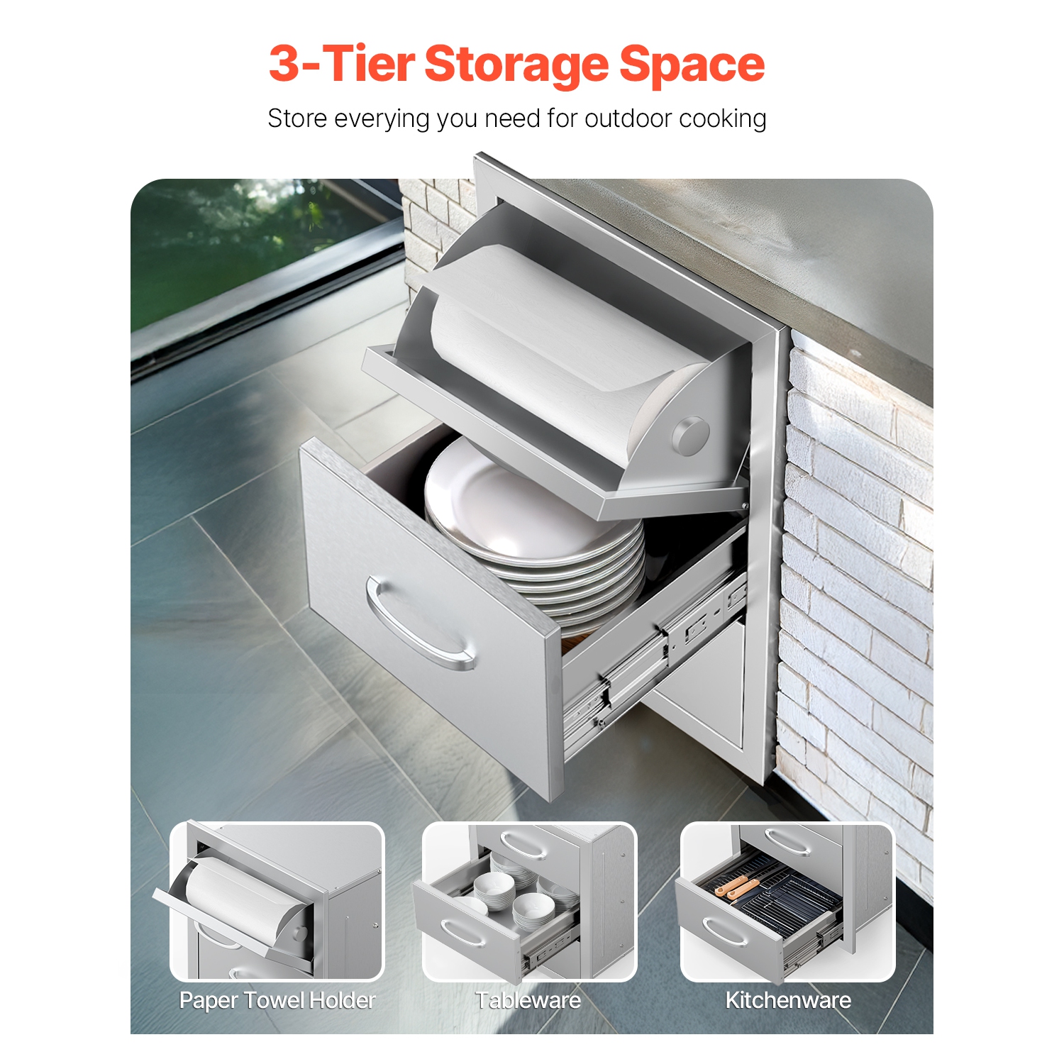 VEVOR 16.5"W x 29"H x 20.5"D Outdoor Kitchen Drawers, Triple Access Drawers, Stainless Steel Flush Mount Cabinets, BBQ Island Drawers Storage with