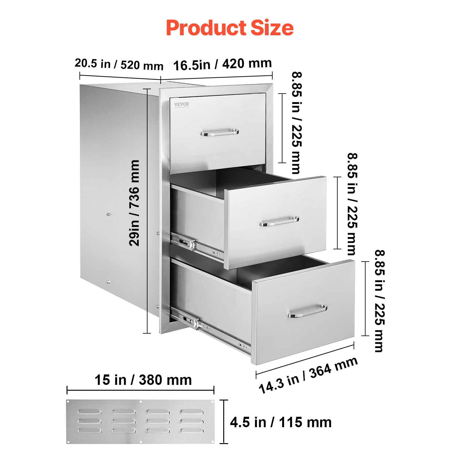 VEVOR 16.5"W x 29"H x 20.5"D Outdoor Kitchen Drawers, Triple Access Drawers, Stainless Steel Flush Mount Cabinets, BBQ Island Drawers Storage with