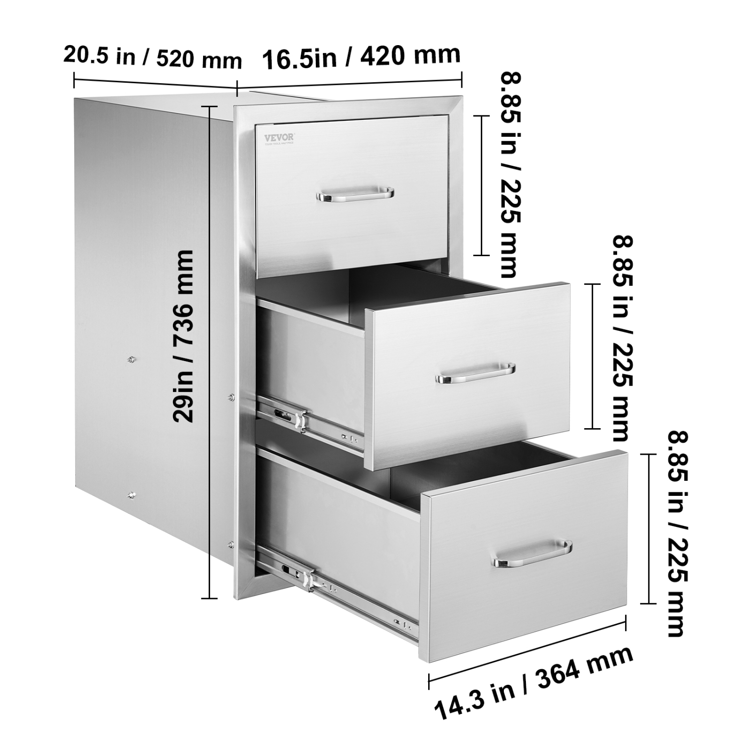 VEVOR 16.5"W x 29"H x 20.5"D Outdoor Kitchen Drawers, Triple Access Drawers, Stainless Steel Flush Mount Cabinets, BBQ Island Drawers Storage with
