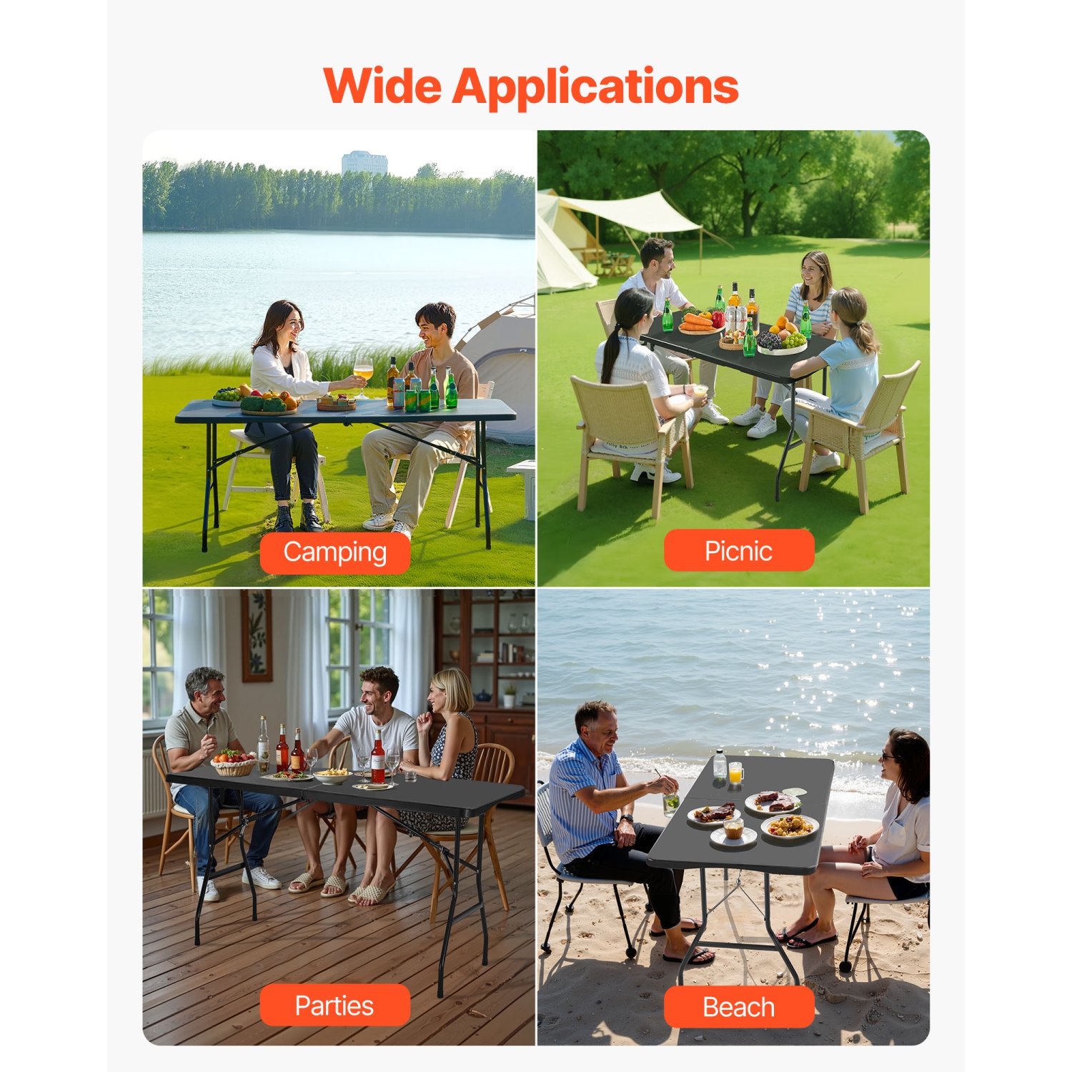 VEVOR 6 Ft Folding Table,Heavy Duty Portable Fold-in-Half Utility Table, Indoor Outdoor Plastic Rectangle Table with Built in Handle, for Party,