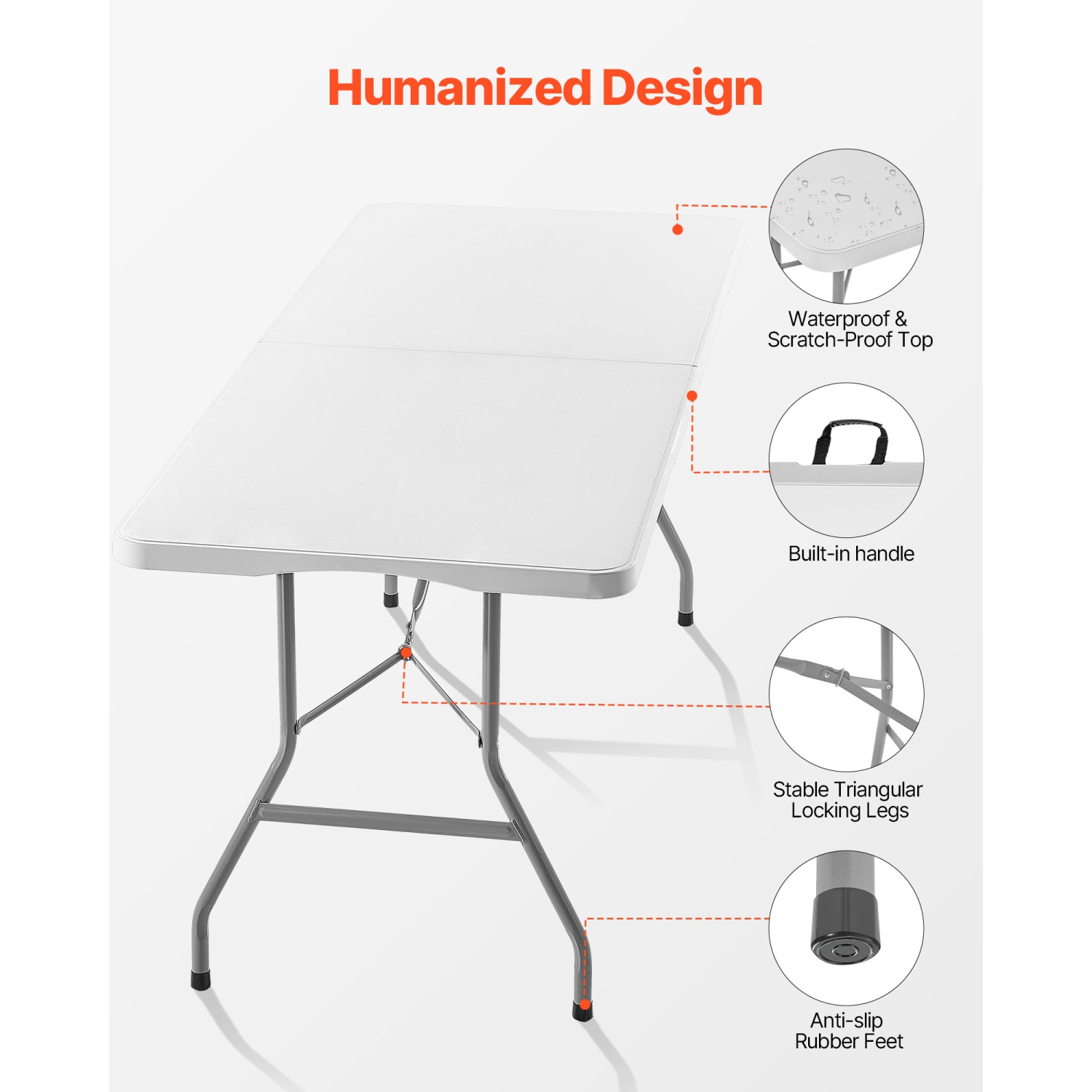 VEVOR 6 Ft Folding Table,Heavy Duty Portable Fold-in-Half Utility Table, Indoor Outdoor Plastic Rectangle Table with Built in Handle, for Party,