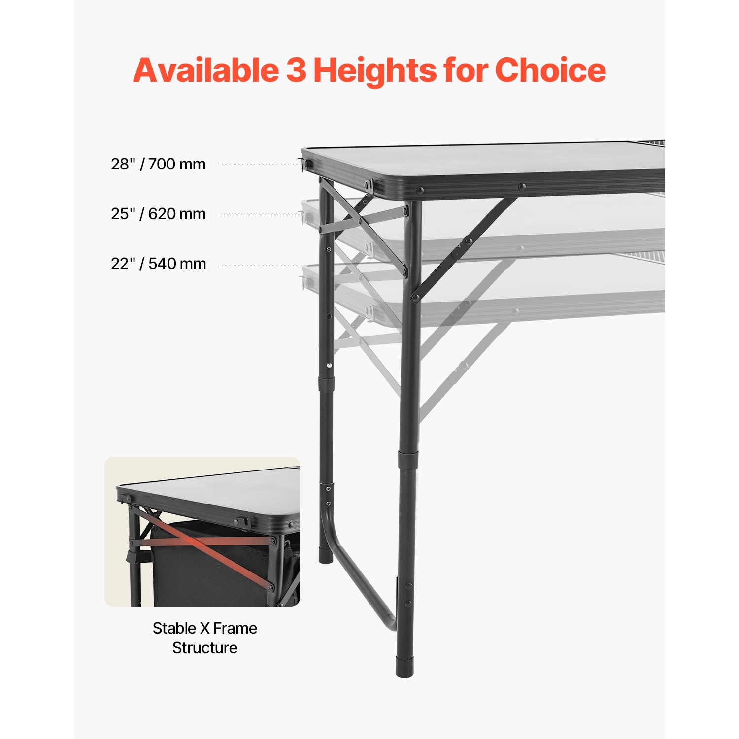 VEVOR Camping Kitchen Table, Folding Outdoor Cooking Table, 3 Adjustable Heights, Aluminum Lightweight Portable Cook Station with Storage