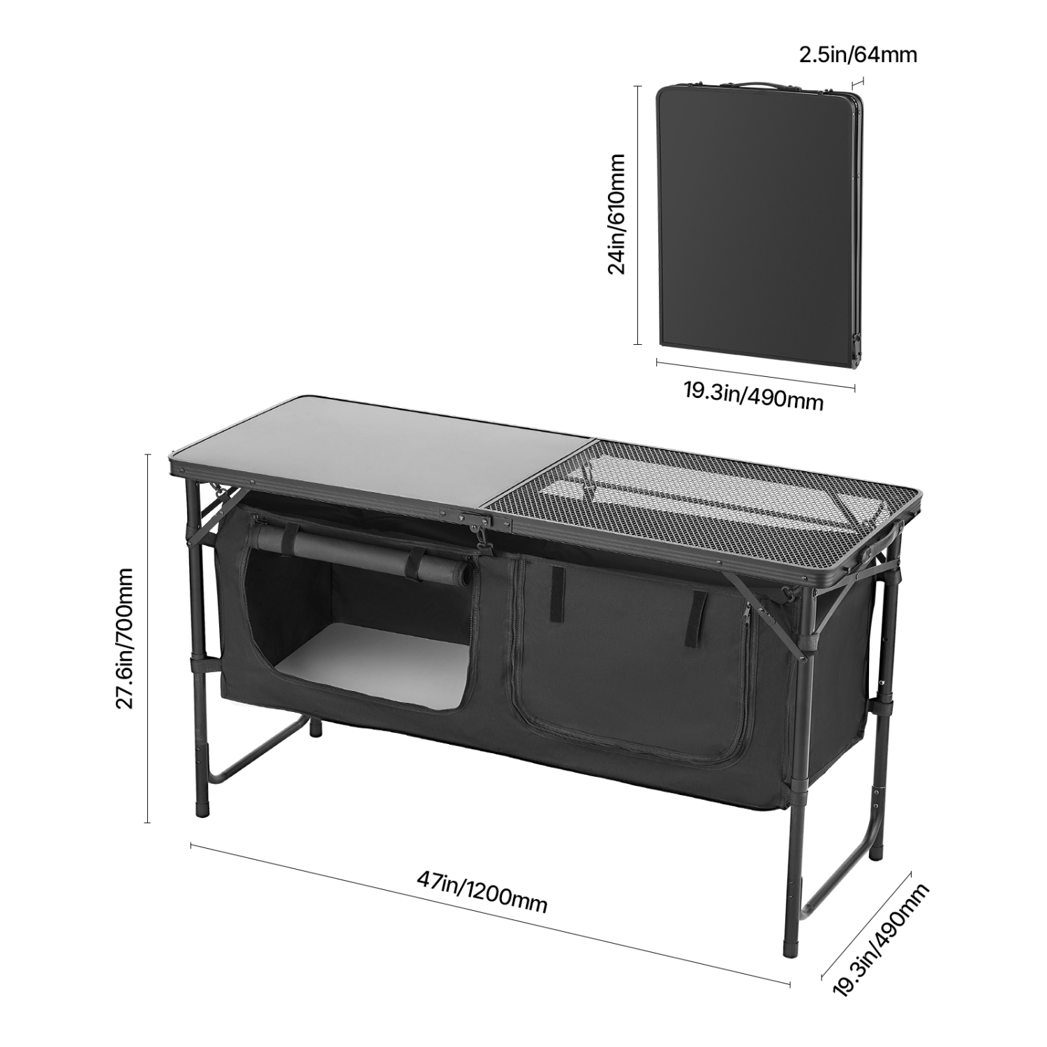 VEVOR Camping Kitchen Table, Folding Outdoor Cooking Table, 3 Adjustable Heights, Aluminum Lightweight Portable Cook Station with Storage
