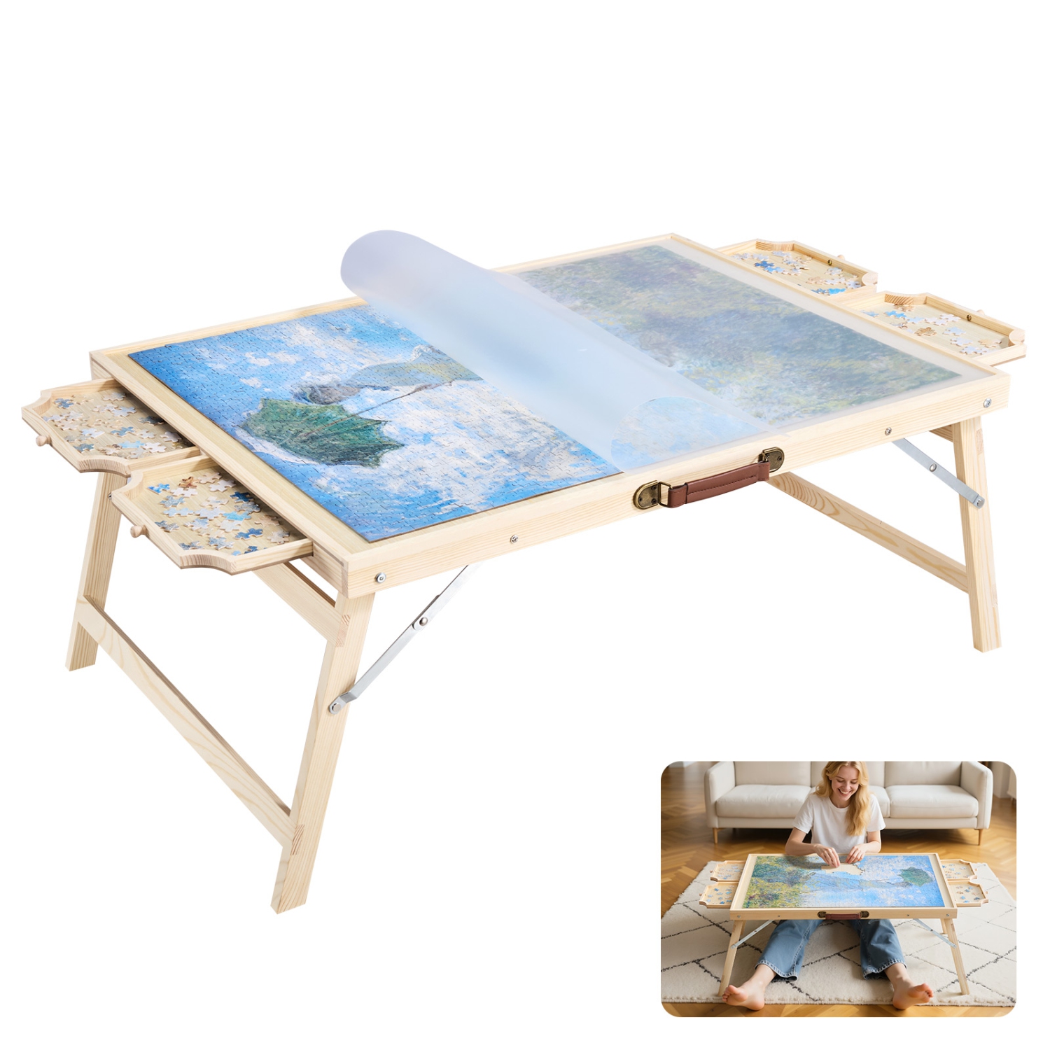 VEVOR 1500 Piece Puzzle Table with Folding Legs, 4 Drawers and Cover, 34x25 in Portable Wooden Board, Jigsaw Puzzle Accessories for Adults, Puzzle