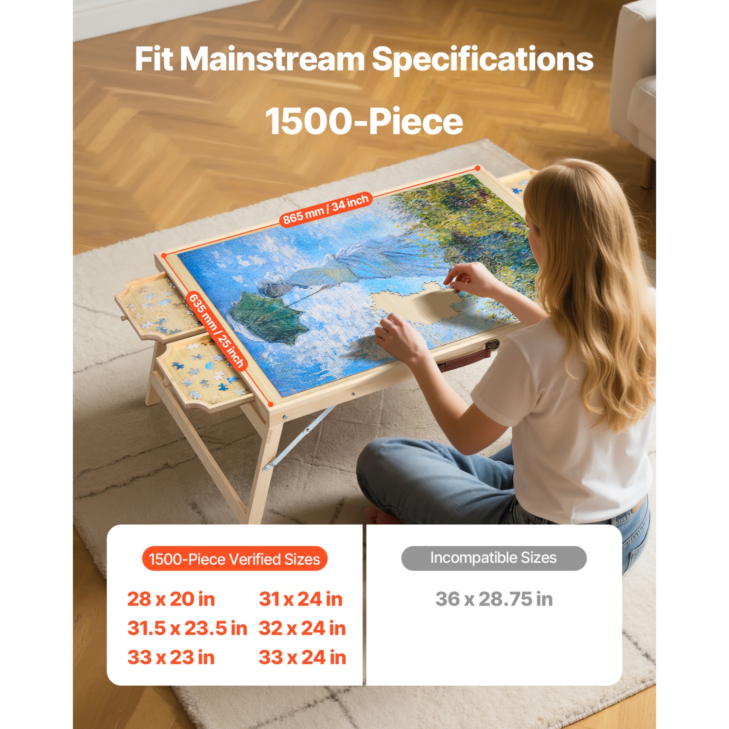 VEVOR 1500 Piece Puzzle Table with Folding Legs, 4 Drawers and Cover, 34x25 in Portable Wooden Board, Jigsaw Puzzle Accessories for Adults, Puzzle