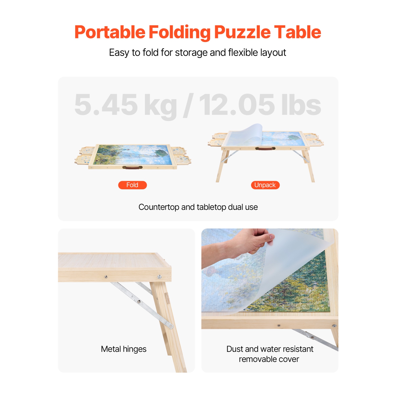 VEVOR 1500 Piece Puzzle Table with Folding Legs, 4 Drawers and Cover, 34x25 in Portable Wooden Board, Jigsaw Puzzle Accessories for Adults, Puzzle