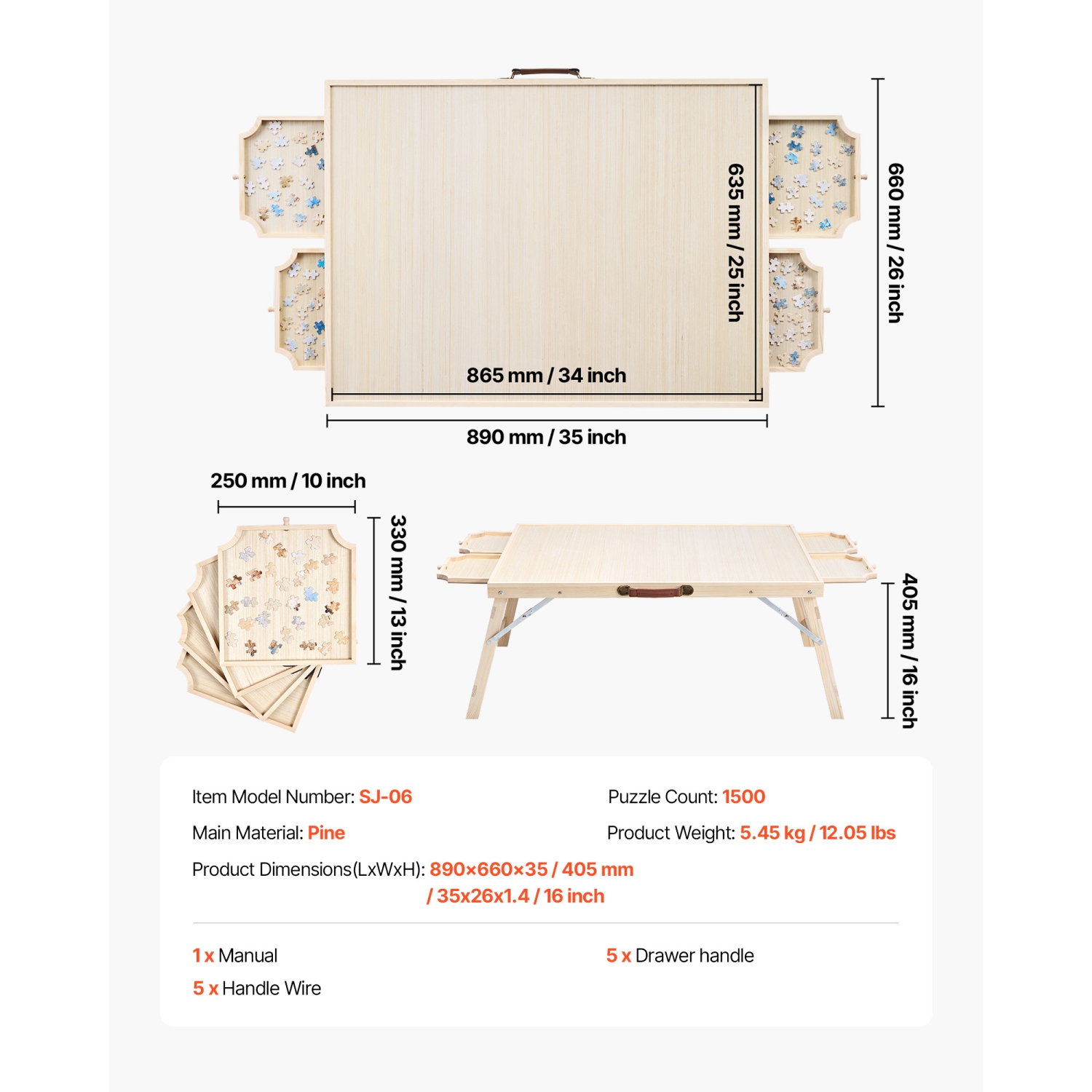 VEVOR 1500 Piece Puzzle Table with Folding Legs, 4 Drawers and Cover, 34x25 in Portable Wooden Board, Jigsaw Puzzle Accessories for Adults, Puzzle