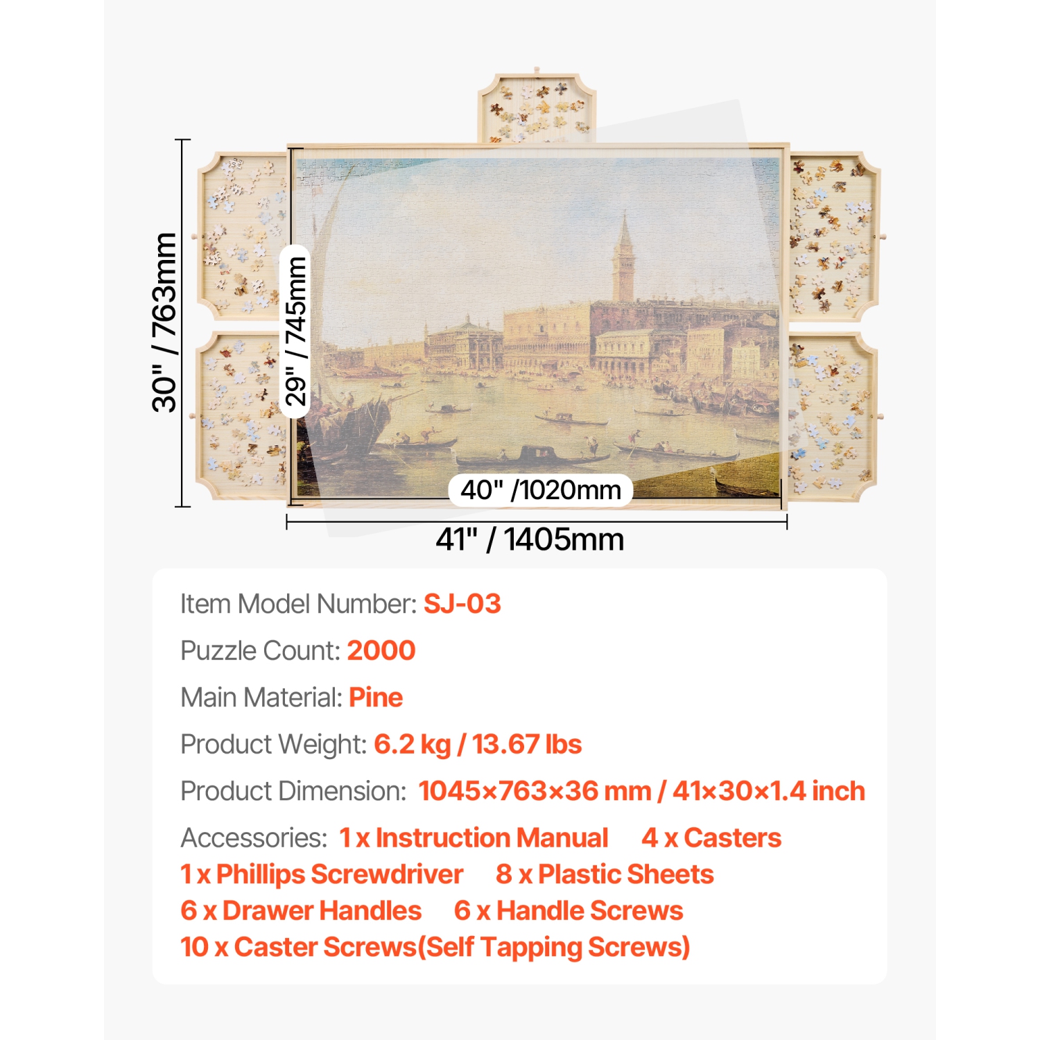 Tableau de casse-tête rotatif de 2000 pièces VEVOR avec 5 tiroirs et couvercle, table portative en bois de 40 x 29&nbsp;po, accessoires de casse-tête