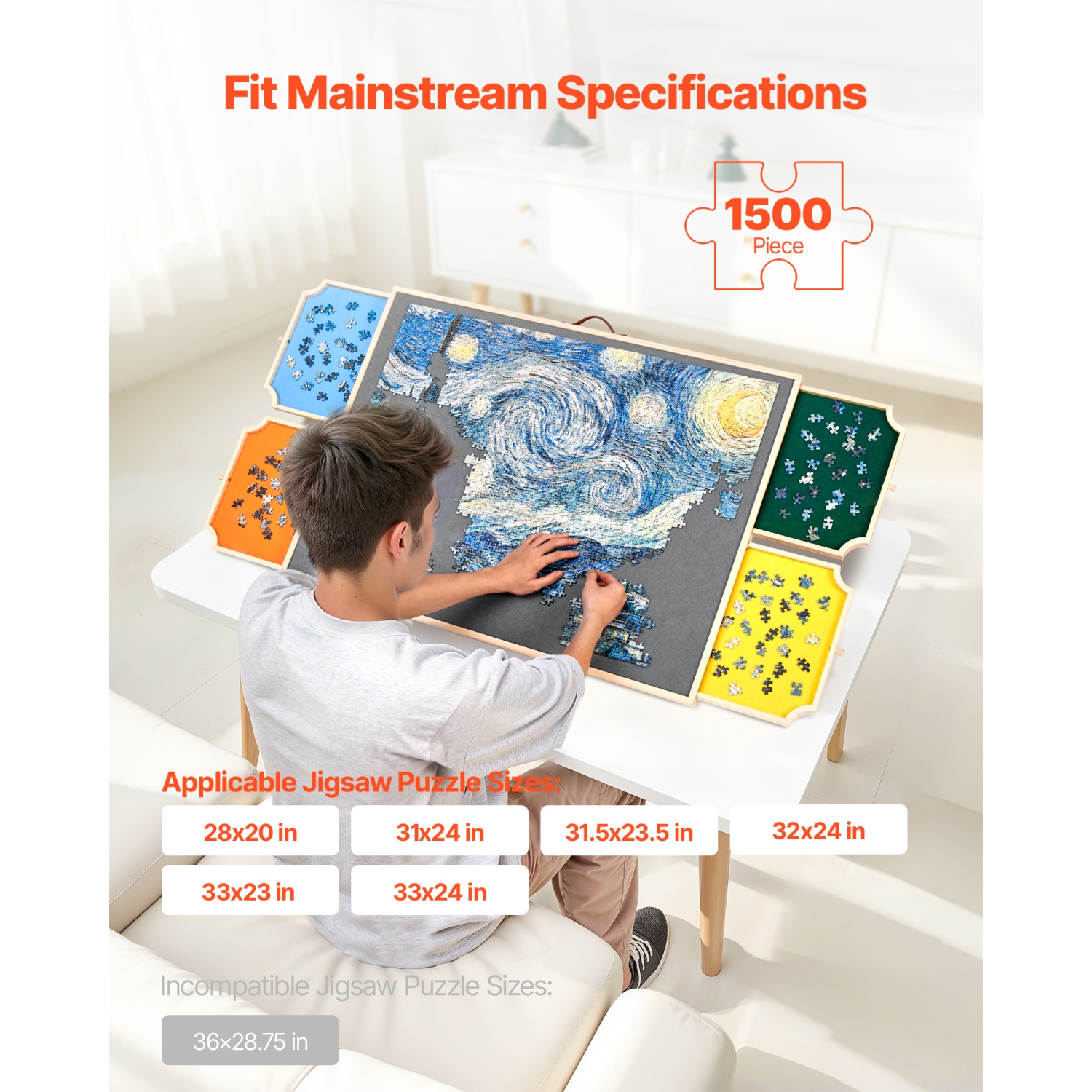 Casse-tête rotatif VEVOR 1500 pièces avec 4 tiroirs en feutre coloré et couvercle, table portative en bois de 34 x 25&nbsp;po, casse-tête réglable à