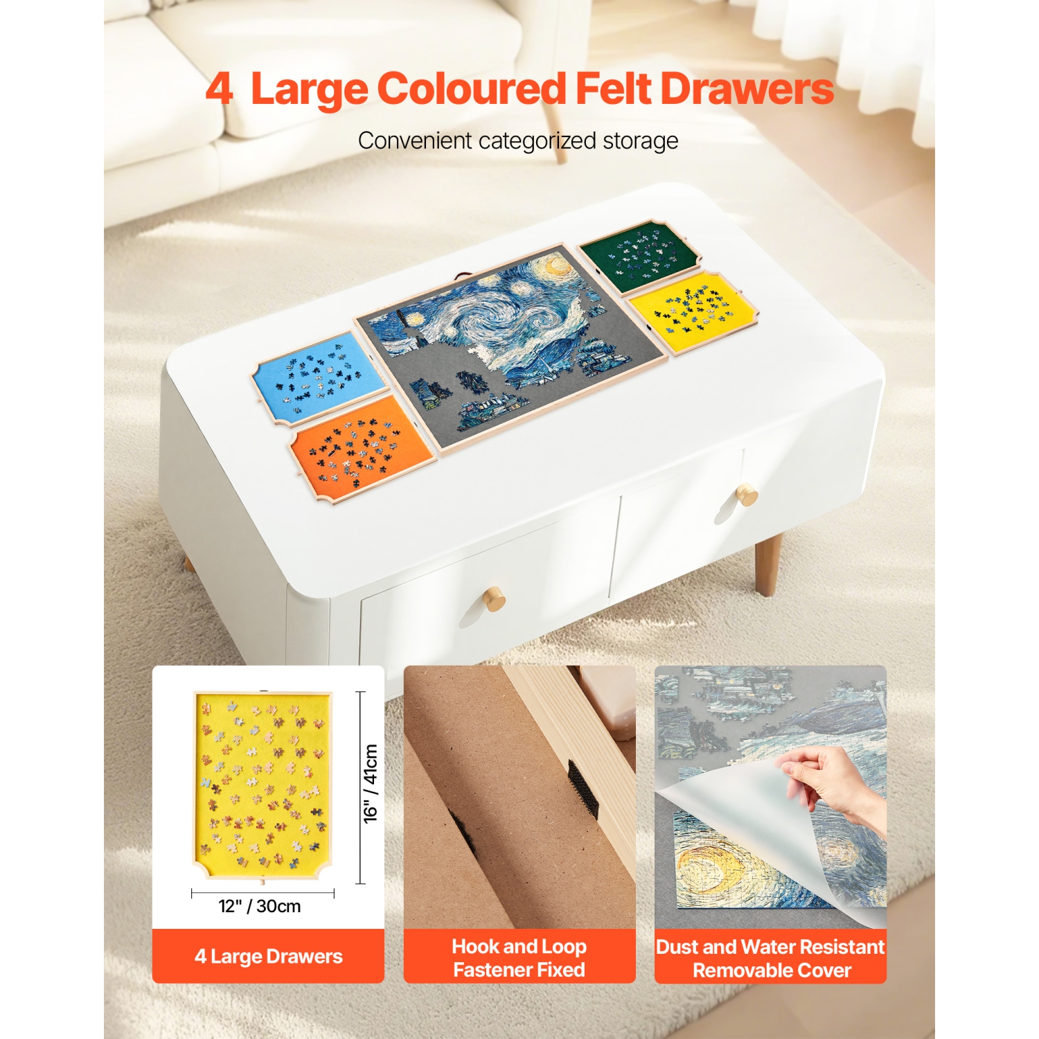 Casse-tête rotatif VEVOR 1500 pièces avec 4 tiroirs en feutre coloré et couvercle, table portative en bois de 34 x 25&nbsp;po, casse-tête réglable à