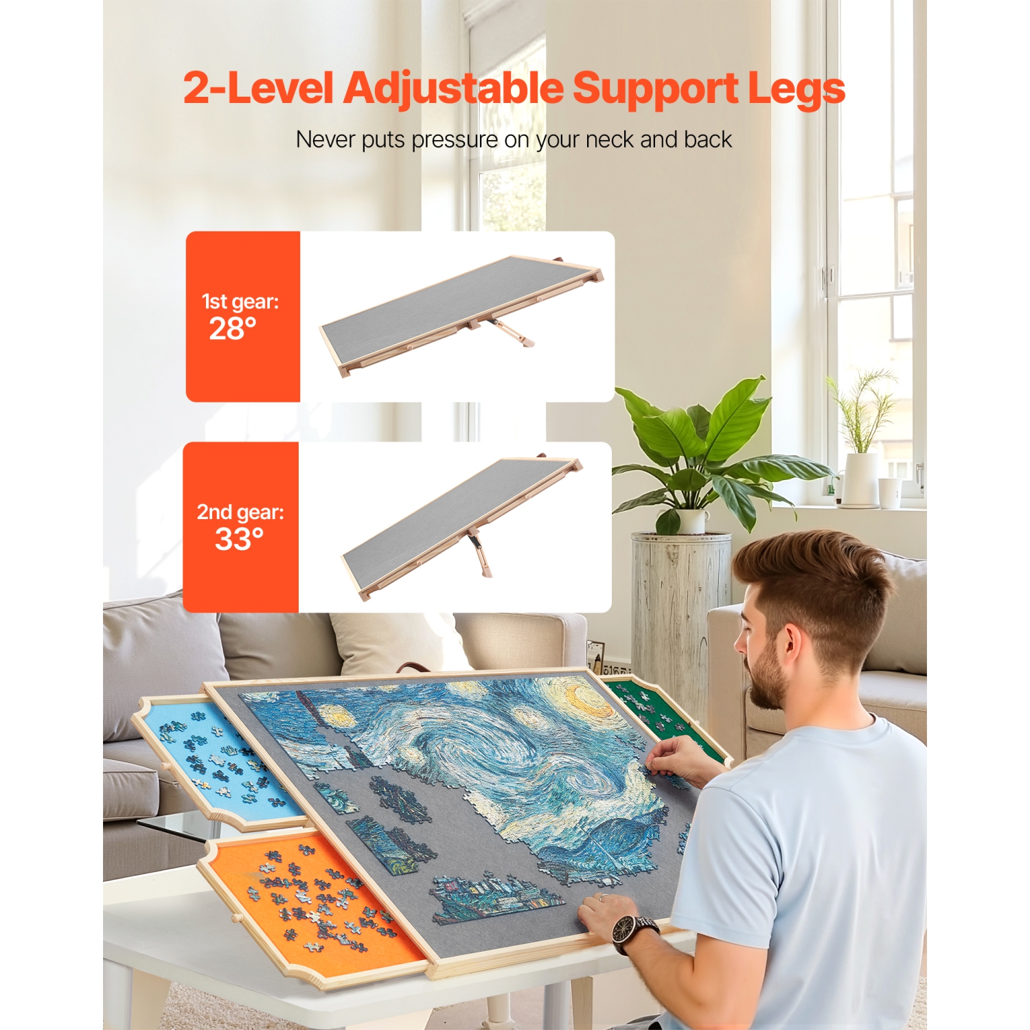 Casse-tête rotatif VEVOR 1500 pièces avec 4 tiroirs en feutre coloré et couvercle, table portative en bois de 34 x 25&nbsp;po, casse-tête réglable à