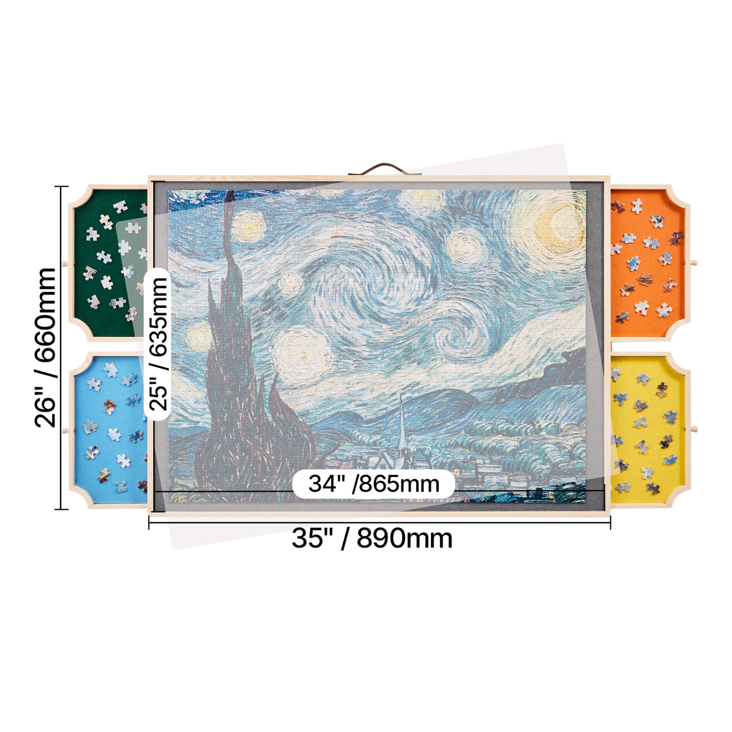 Casse-tête rotatif VEVOR 1500 pièces avec 4 tiroirs en feutre coloré et couvercle, table portative en bois de 34 x 25&nbsp;po, casse-tête réglable à