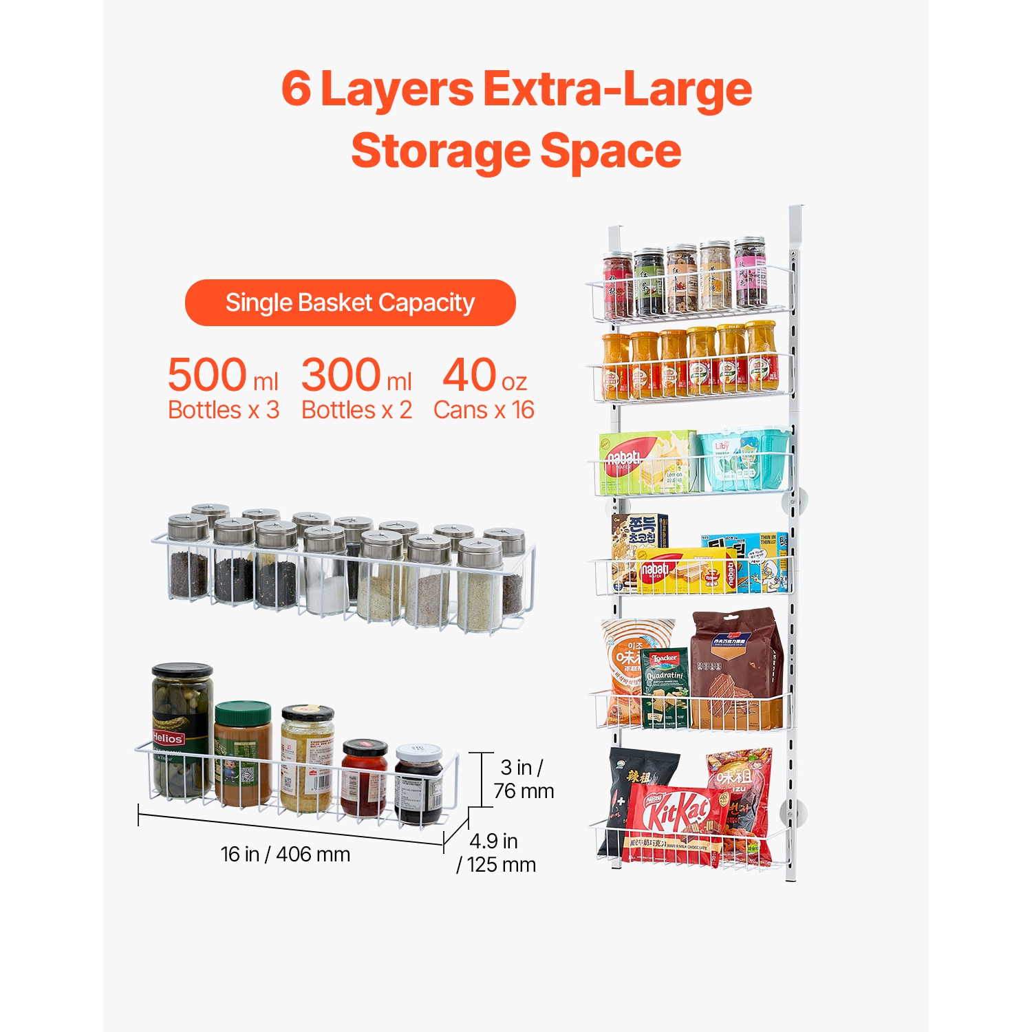 VEVOR 6-Tier Over the Door Pantry Organizer, Pantry Organization and Storage, Heavy-Duty Steel Hanging Spice Rack, Adjustable Wall Seasoning Shelves,