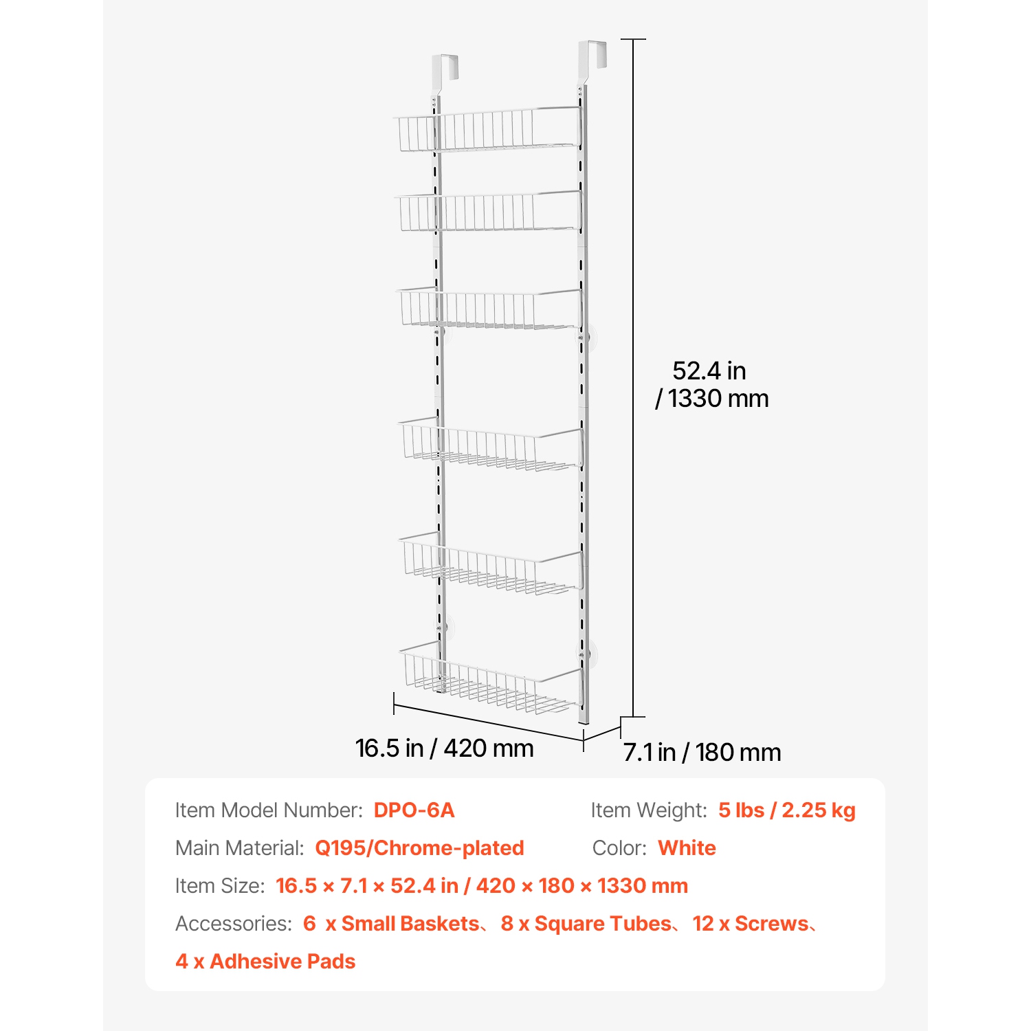 VEVOR 6-Tier Over the Door Pantry Organizer, Pantry Organization and Storage, Heavy-Duty Steel Hanging Spice Rack, Adjustable Wall Seasoning Shelves,