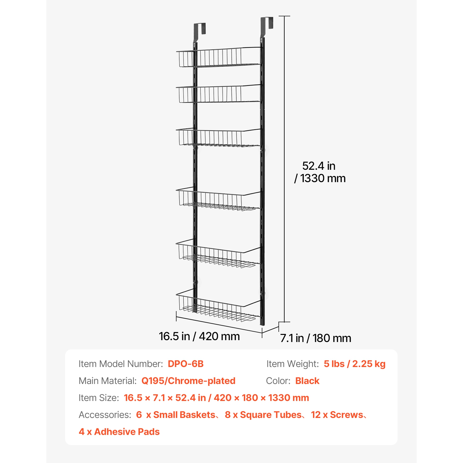 VEVOR 6-Tier Over the Door Pantry Organizer, Pantry Organization and Storage, Heavy-Duty Steel Hanging Spice Rack, Adjustable Wall Seasoning
