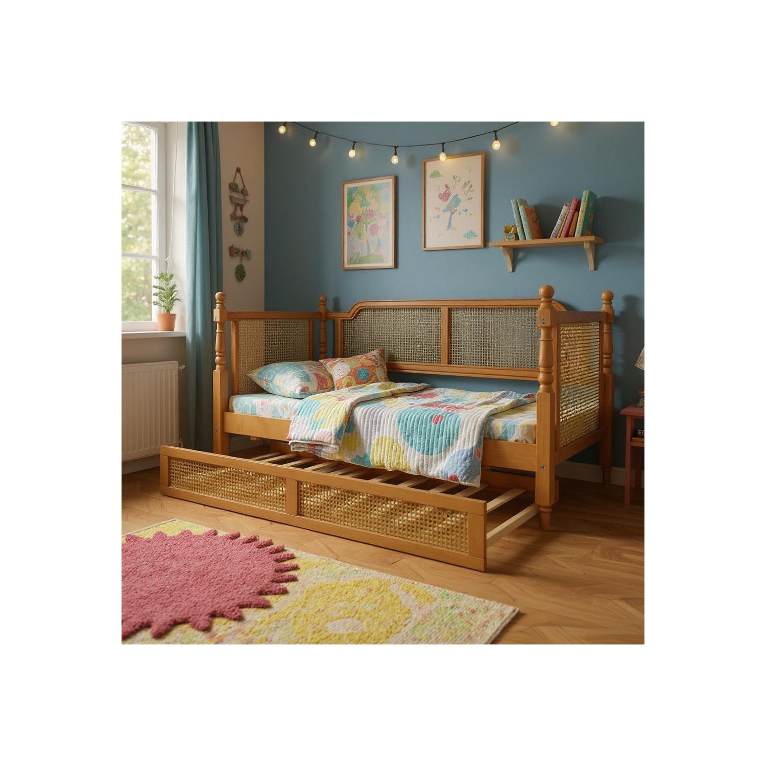 Homy Casa Traditional Rattan Twin Size Daybed Frame with Trundle