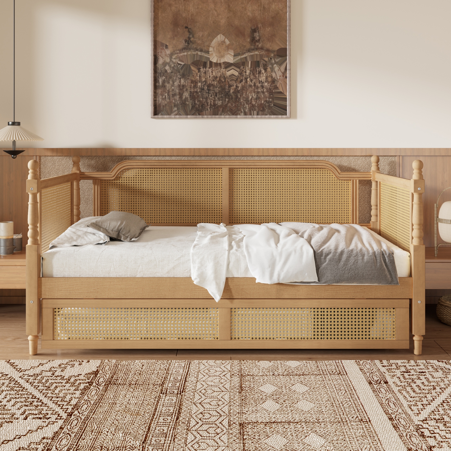 Homy Casa Traditional Rattan Twin Size Daybed Frame with Trundle