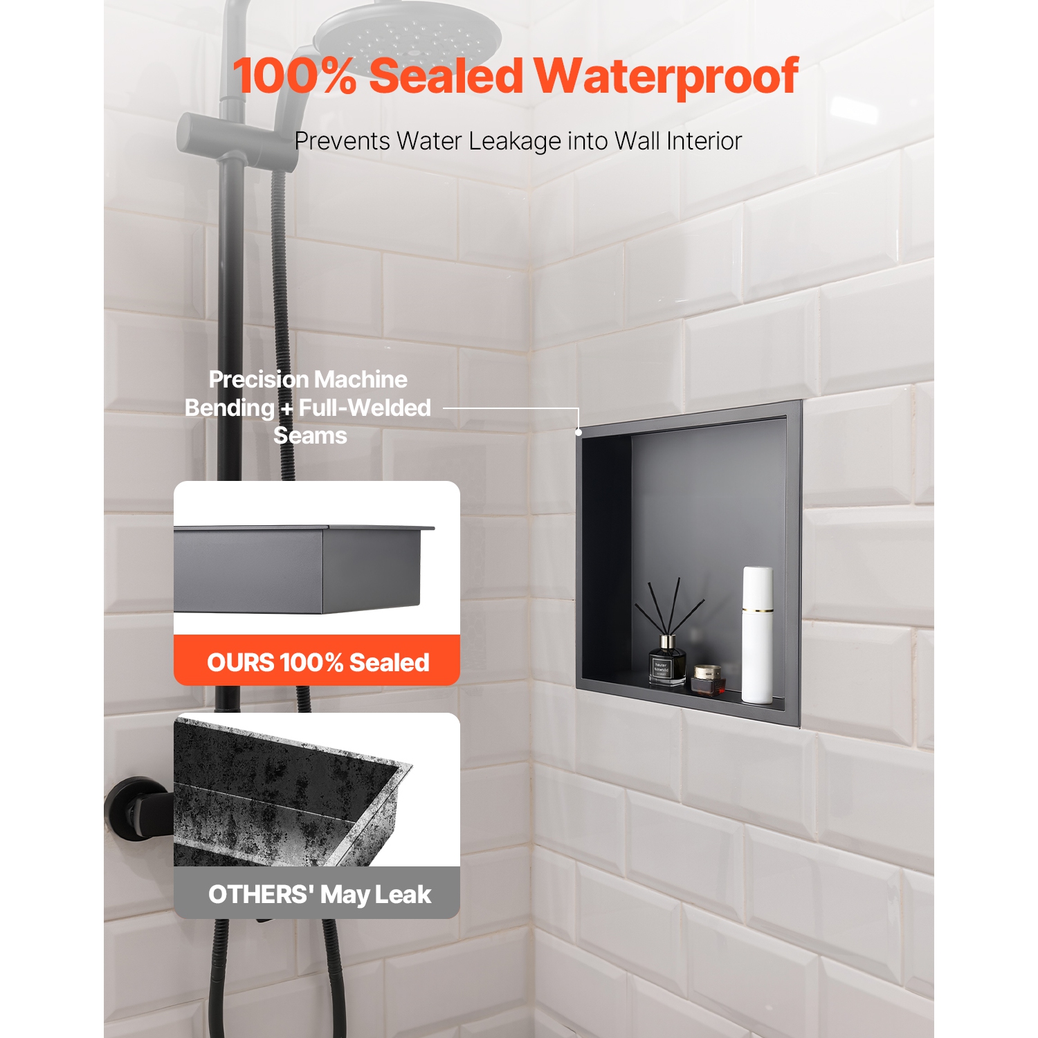 VEVOR 13 x 13 x 4 inch Shower Niche, Recessed Wall Niche, Heavy-duty Stainless Steel Modern Soap & Shampoo Storage Organizer, Sealed Waterproof,