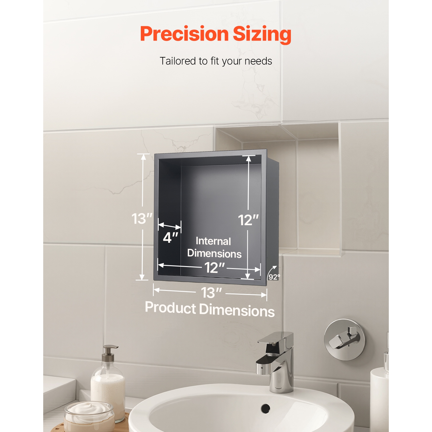 VEVOR 13 x 13 x 4 inch Shower Niche, Recessed Wall Niche, Heavy-duty Stainless Steel Modern Soap & Shampoo Storage Organizer, Sealed Waterproof,