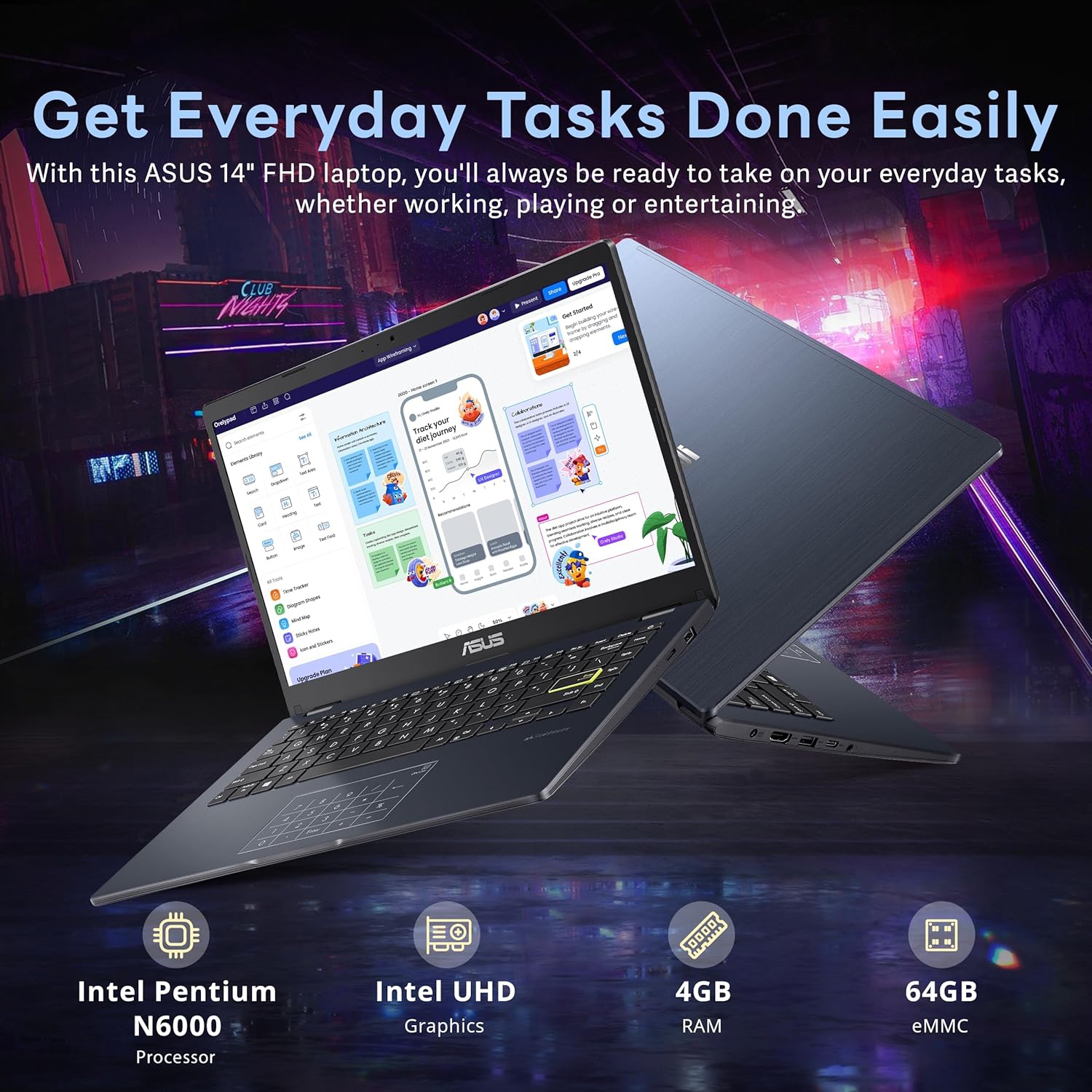 Refurbished - ASUS 14" FHD Laptop, Intel Pentium N6000 Processor, 64GB eMMC, 4GB RAM, Intel UHD Graphics, 720p Webcam, Wi-Fi, Bluetooth, Windows 11,