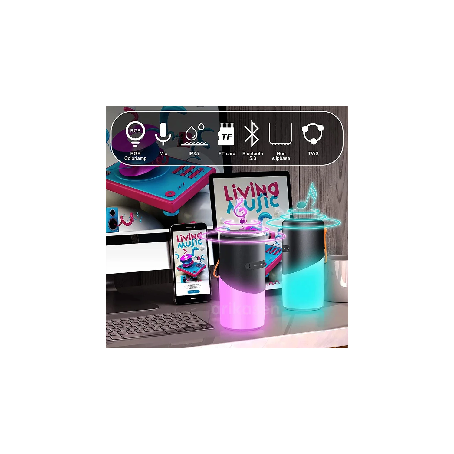 Haut-parleur d'extérieur Bluetooth Camping avec 7 lumières LED colorées TF Card Haut-parleur portatif sans fil pour fête/intérieur/extérieur/plage