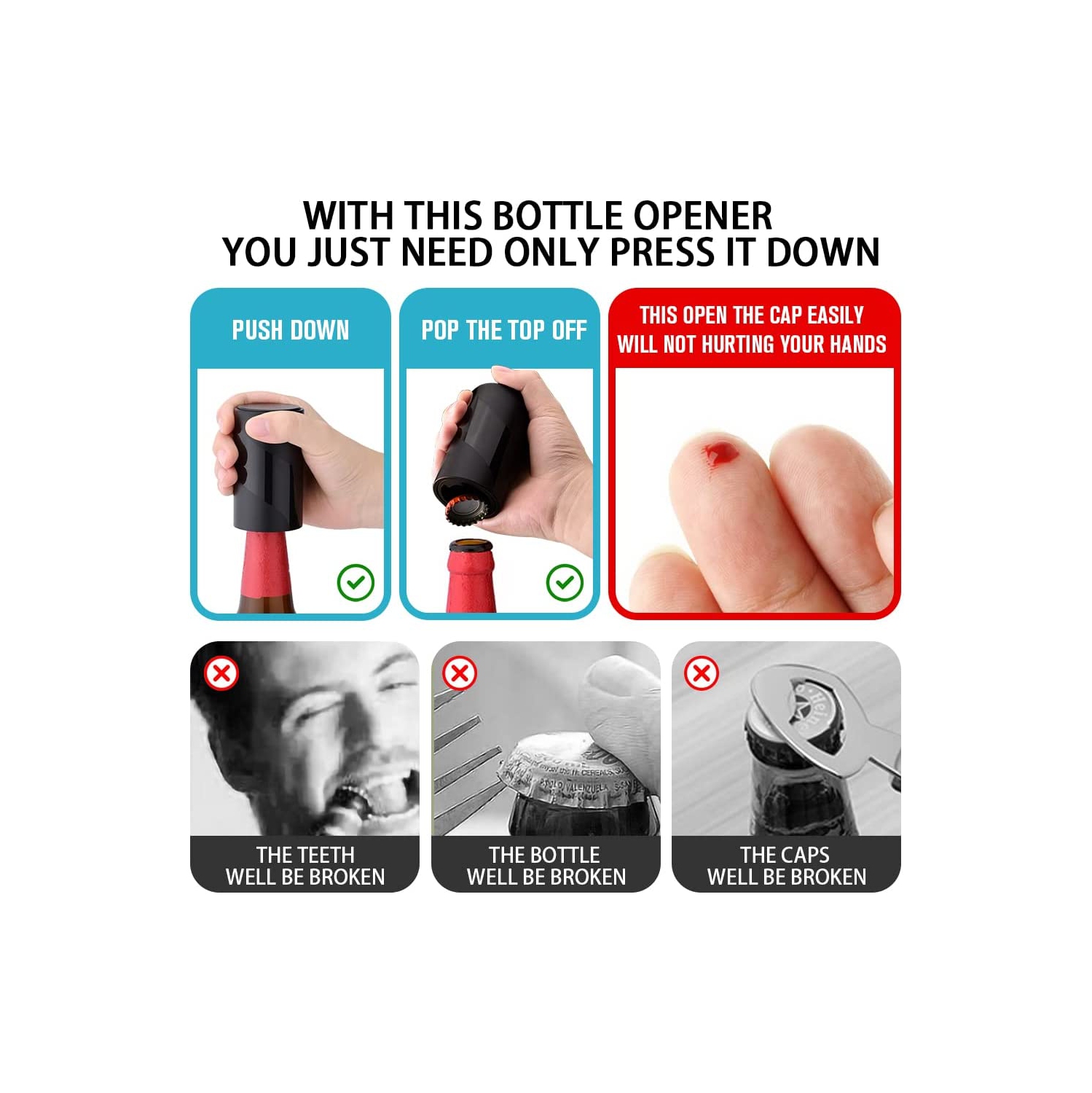 Push Down Bottle Opener, Automatic Beer Bottle Openers, Stainless Steel Instant-no-Cap Mover, Funny Kitchen Gadgets, Beer Bar Accessories Gifts for