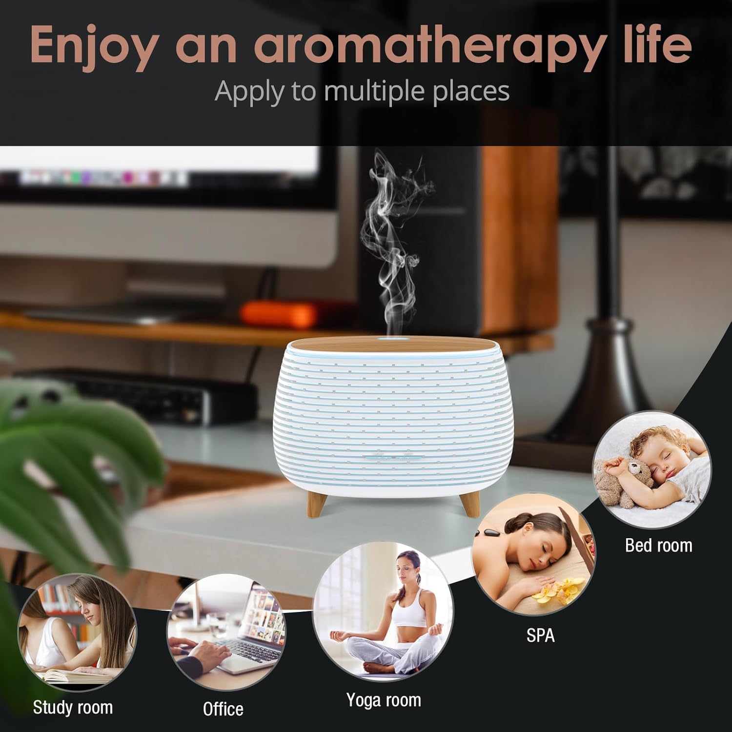 Haut-parleur Bluetooth 2-en-1 et diffuseur d'huile essentielle ultrasonique, diffuseur d'aromathérapie et humidificateur à vapeur froide avec lumière