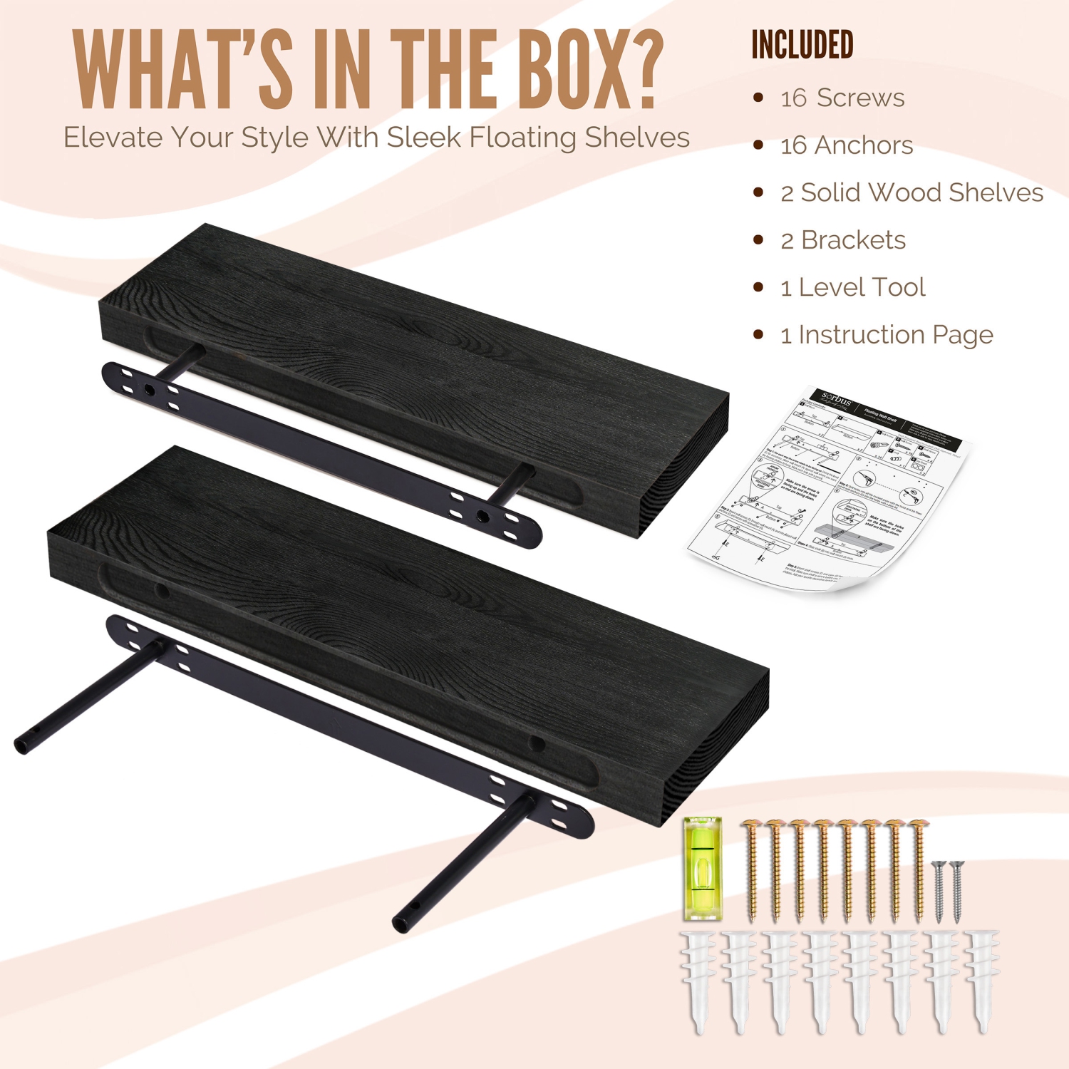 Sorbus 2 Pack 16" Solid Wood Floating Shelves - for Bathroom Decor, Books, Bedroom & Living Room