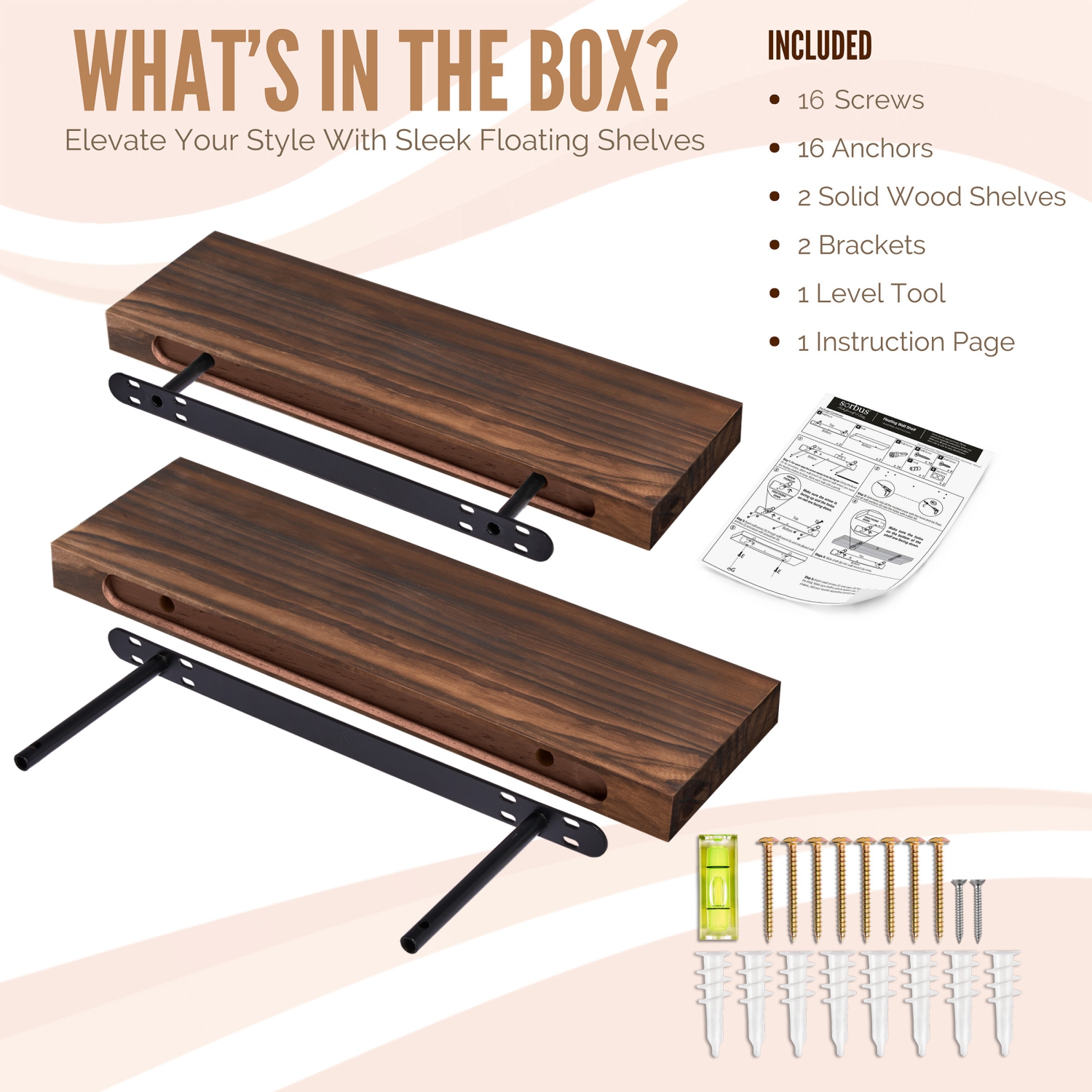 Ensemble de 2 tablettes flottantes en bois massif de 16&nbsp;po Sorbus - pour la décoration de salle de bain, les livres, la chambre et le salon