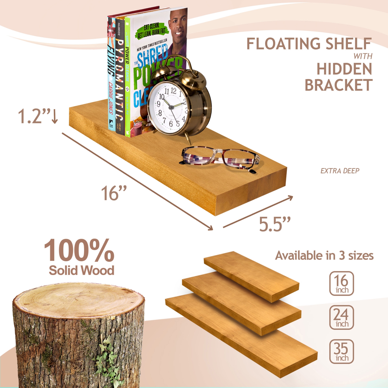 Ensemble de 2 tablettes flottantes en bois massif de 16&nbsp;po Sorbus - pour la décoration de salle de bain, les livres, la chambre et le salon
