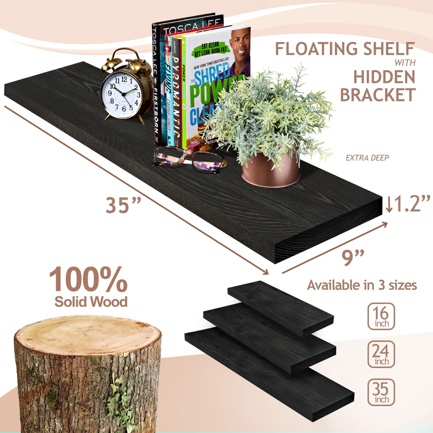 Sorbus 2 Pack 35" Solid Wood Floating Shelves - for Bathroom Decor, Books, Bedroom & Living Room